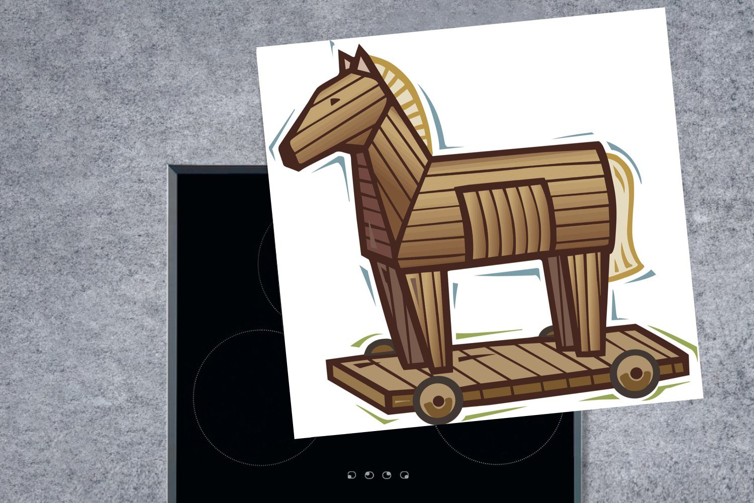 küche (1 Eine Herdblende-/Abdeckplatte cm, 78x78 Illustration tlg), Ceranfeldabdeckung, Arbeitsplatte für MuchoWow Pferdes eines Troja, hölzernen aus Vinyl,