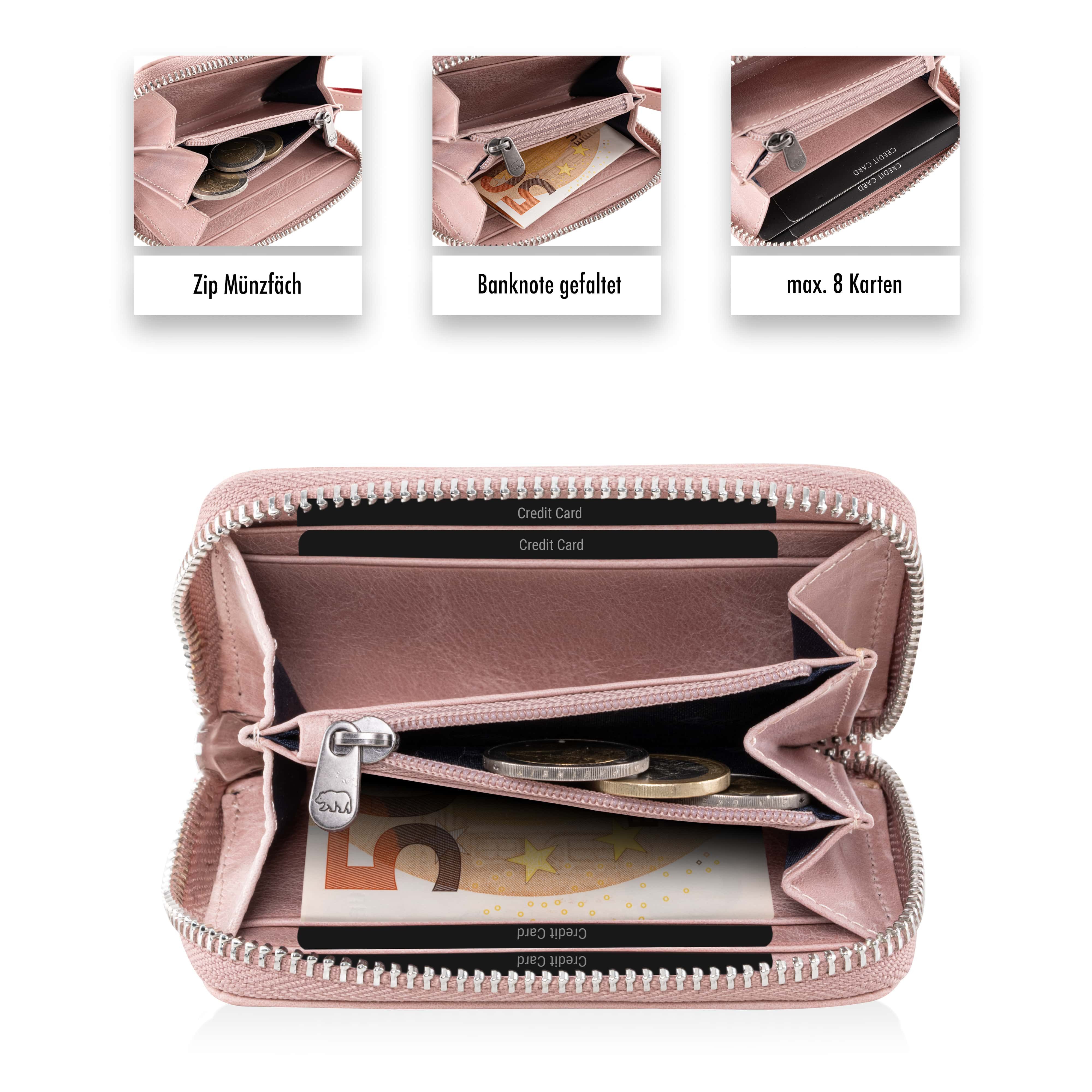 Brown Bear Geldbörse Slim Kai mit umlaufendem Reißverschluss, mit RFID-Schutz und 4 Kartenfächern Farbe Pink-Vintage