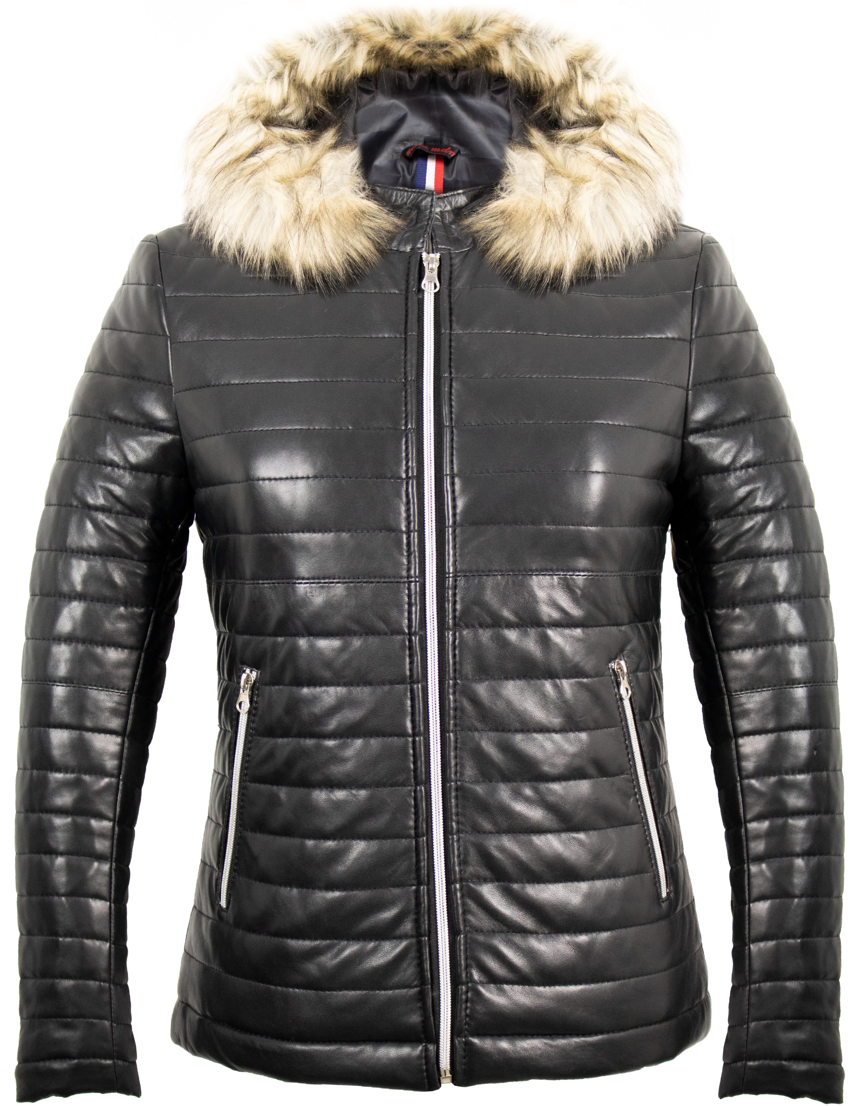 MDM Lederjacke Damen Leder Steppjacke Schwarz Lammleder Slim Fit Fell Kapute, Gesteppt