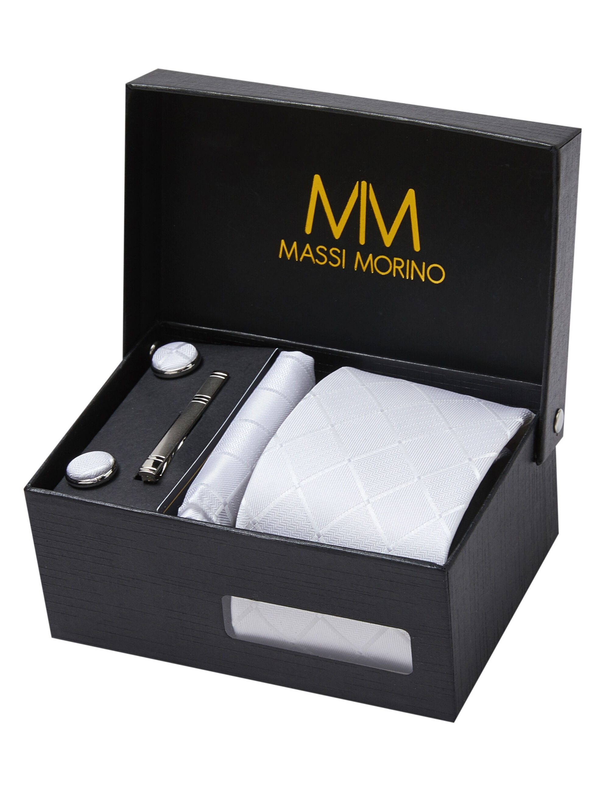 Massi Morino Krawatte (1-St) mit Einstecktuch, Manschettenknöpfen und Krawattenklammer