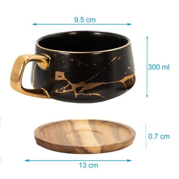 Intirilife Tasse, Keramik, Kaffeetasse, Teetasse mit Holz Untersetzer Becher