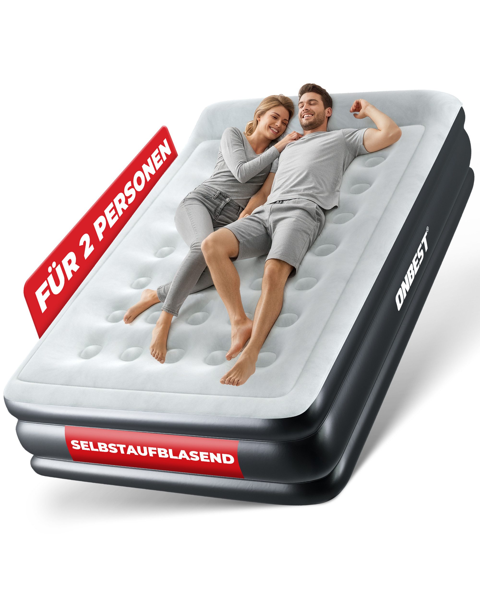 Onbest Luftbett mit elektrischer Luftpumpe und Kissen, 250 kg, 2 Personen, wasserabweisend, selbstaufblasend, 0,6 mm