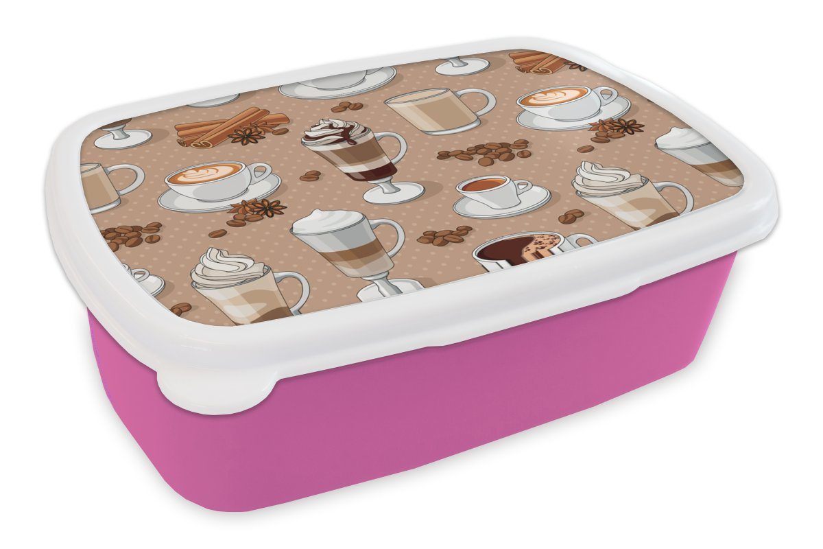 MuchoWow Lunchbox Muster - Kaffee - Cappuccino - Schokolade, Kunststoff, (2-tlg), Brotbox für Erwachsene, Brotdose Kinder, Snackbox, Mädchen, Kunststoff rosa | Lunchboxen