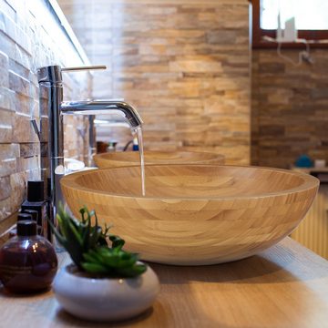 relaxdays Aufsatzwaschbecken Aufsatzwaschbecken rund aus Bambus