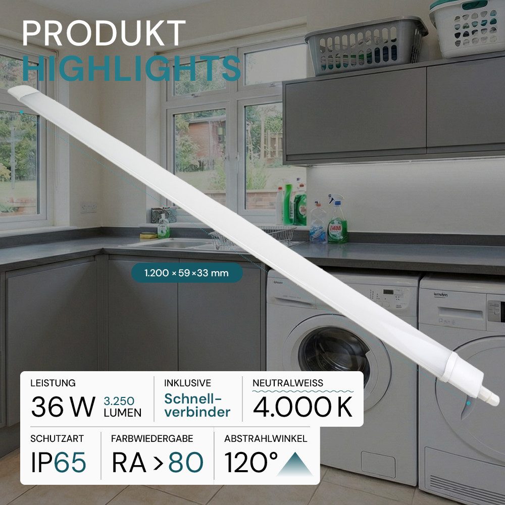 LUXULA LED Unterbauleuchte LUXULA LED Feuchtraumleuchte 120 cm 36 W 4000 K Neutralweiß Weiß, LED fest integriert, neutralweiß – Bild 2 von 5