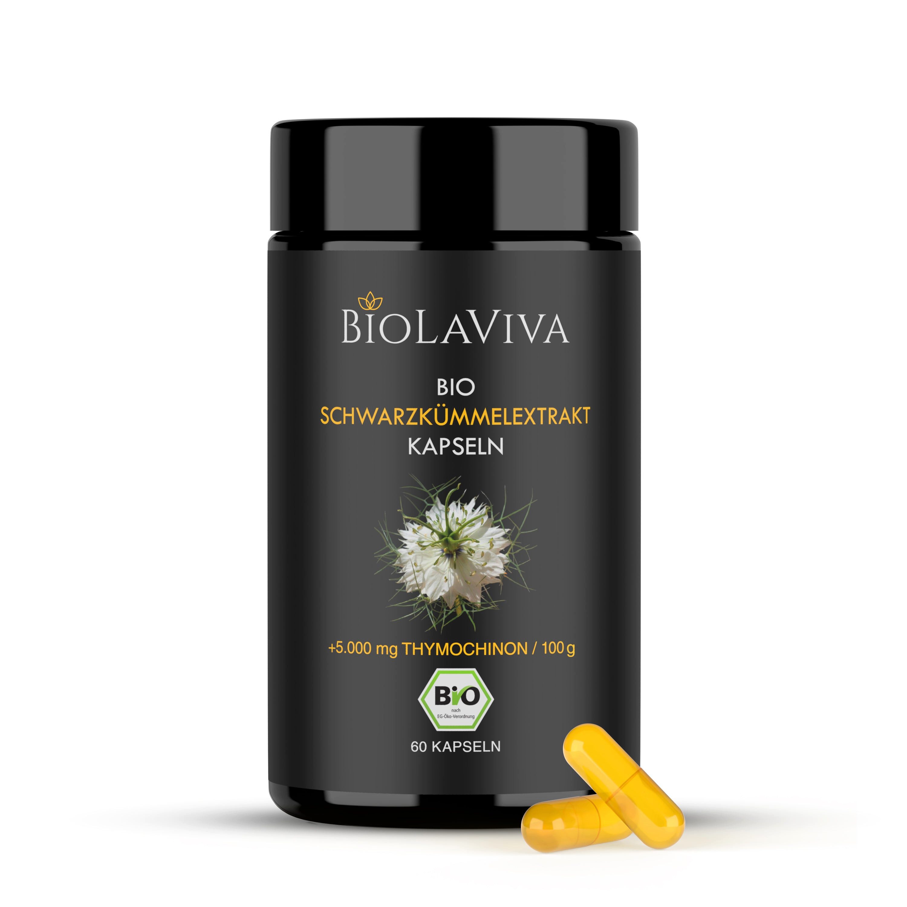 BIOLAVIVA Speiseöl Bio Schwarzkümmelöl Kapseln, hochdosiert, 5% Thymochinon -