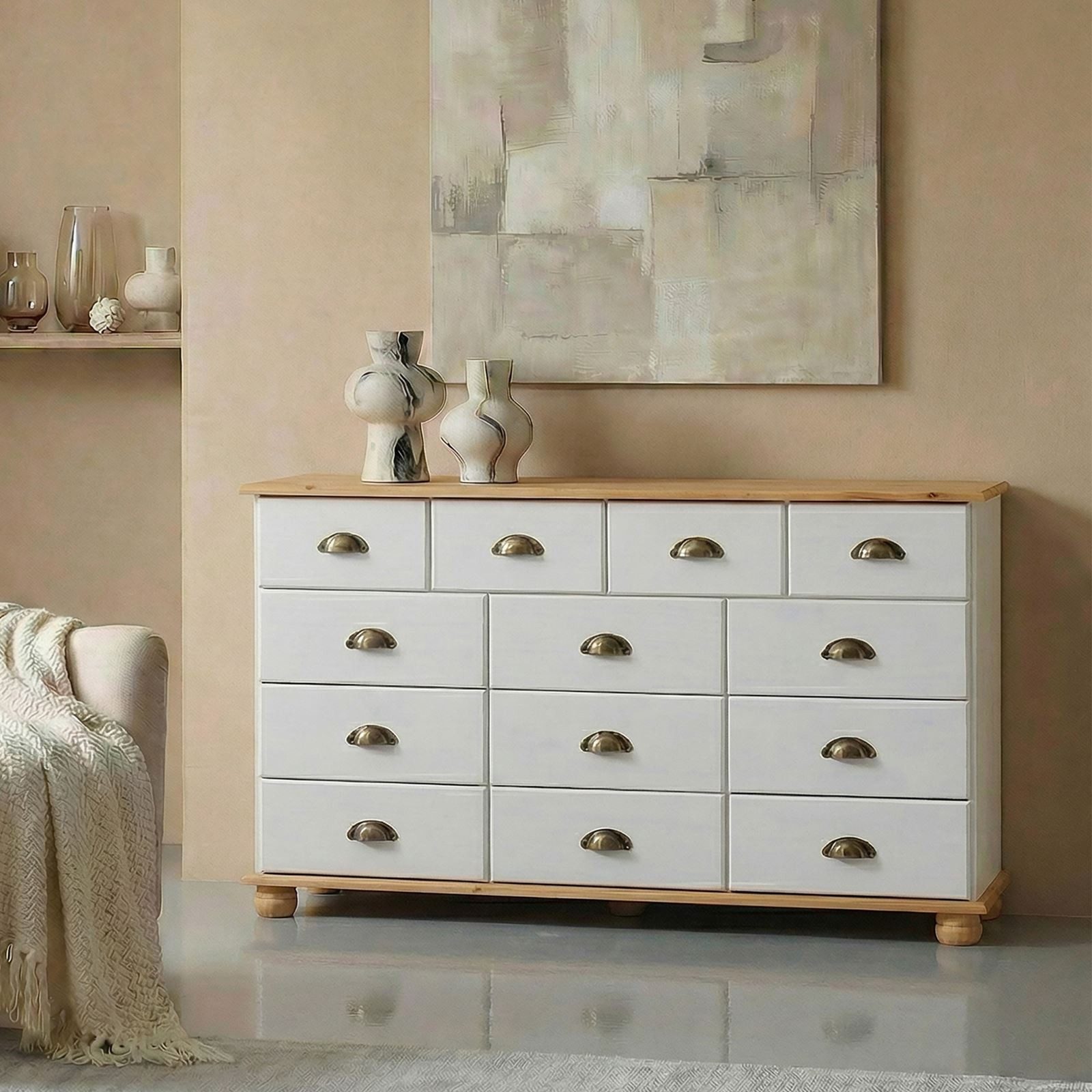 IDIMEX Kommode COLMAR, Schubladenkommode mit Muschelgriff, Sideboard Massivholz weiß/braun
