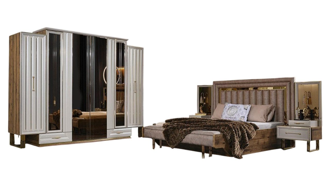 Schlafzimmer-Set Komplette Schlafzimmermöbel Doppelbett Bett Nachttische Beige