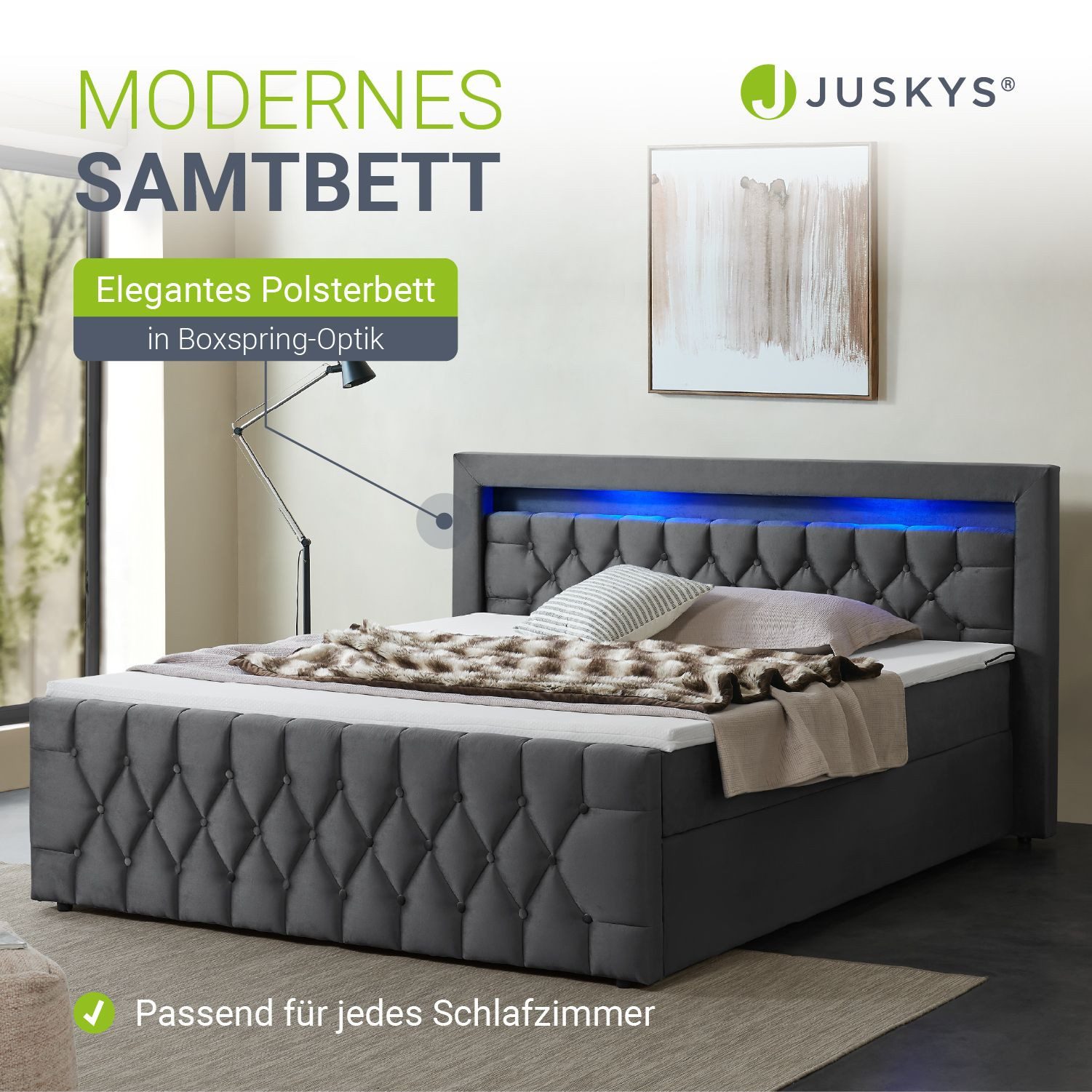 Juskys Polsterbett Leona, 180x200 cm, Boxspringbett-Optik, Samt-Bezug, LED-Licht, H4 Matratze