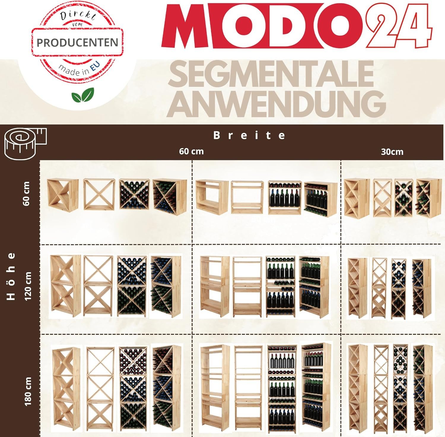 Modo24 Weinregal Modulares System RW61, Flaschenregal Massivholz, Kellerregal, Weinständer, Stapelbar, Weinschrank, für Küche & Vorratsraum, 3 Farben
