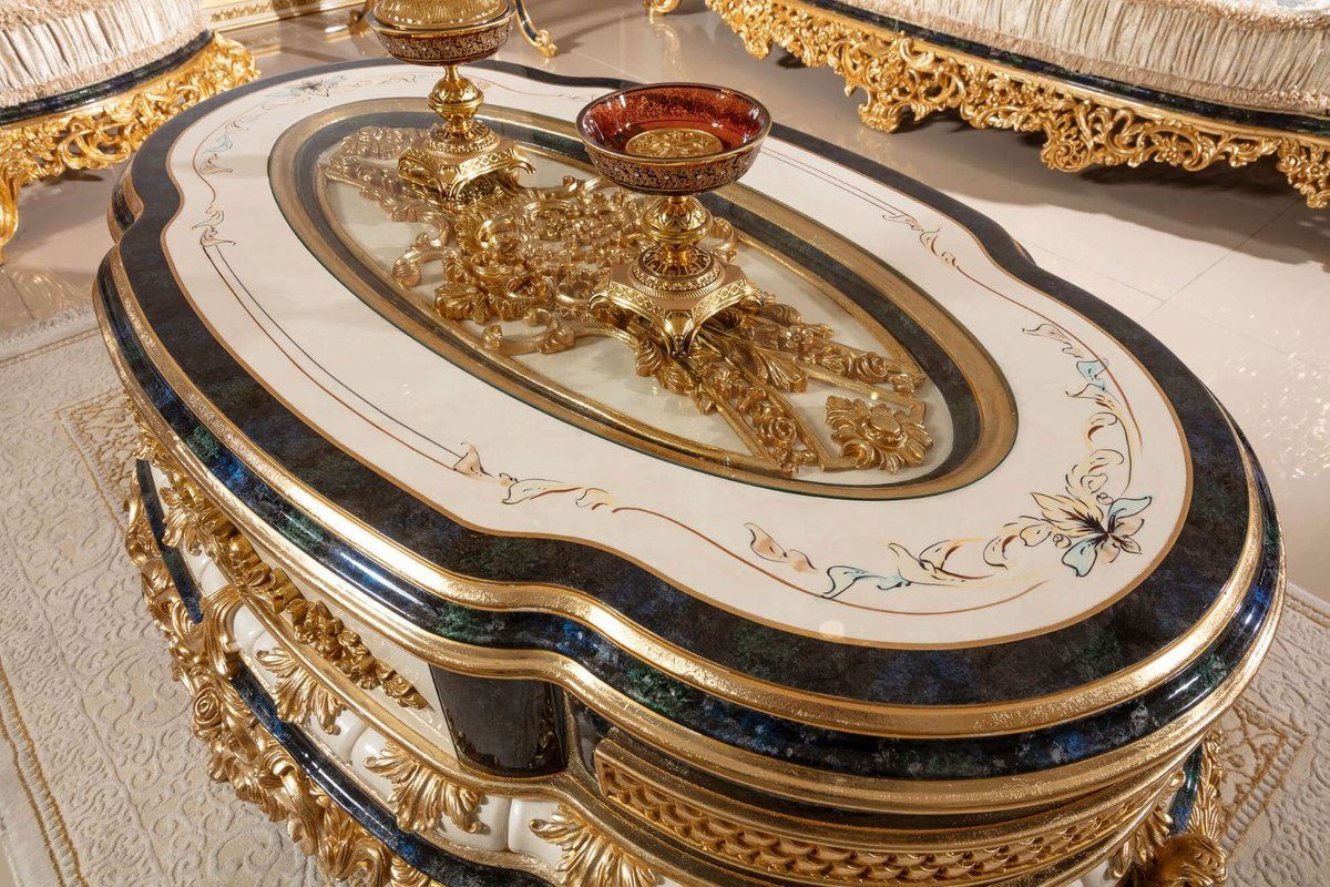 Casa Padrino Couchtisch Luxus Barock 2 Weiß Möbel / / / - Barockstil Gold Gold Blau Handgefertigte 2 & Sessel 1 - & Set & Beistelltische Sofas Couchtisch im & Prunkvoll - Edel 2