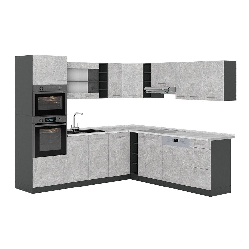 Vicco Winkelküche R-Line, Beton/Anthrazit, 247 x 237 cm, AP Marmor