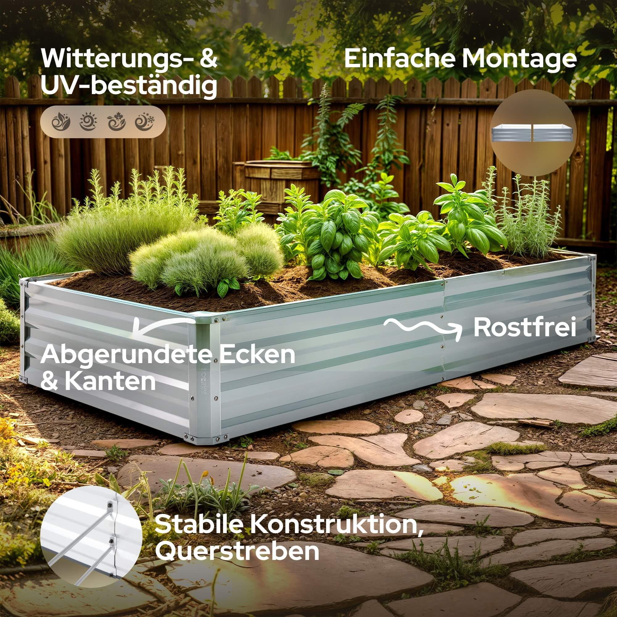 Arebos Hochbeet Metall 2x 180x90x30cm Gartenbeet Pflanzbeet rostfrei Gemüsebeet (Max. Belastbarkeit: 500 kg, 2er), Witterungs- & UV-beständig