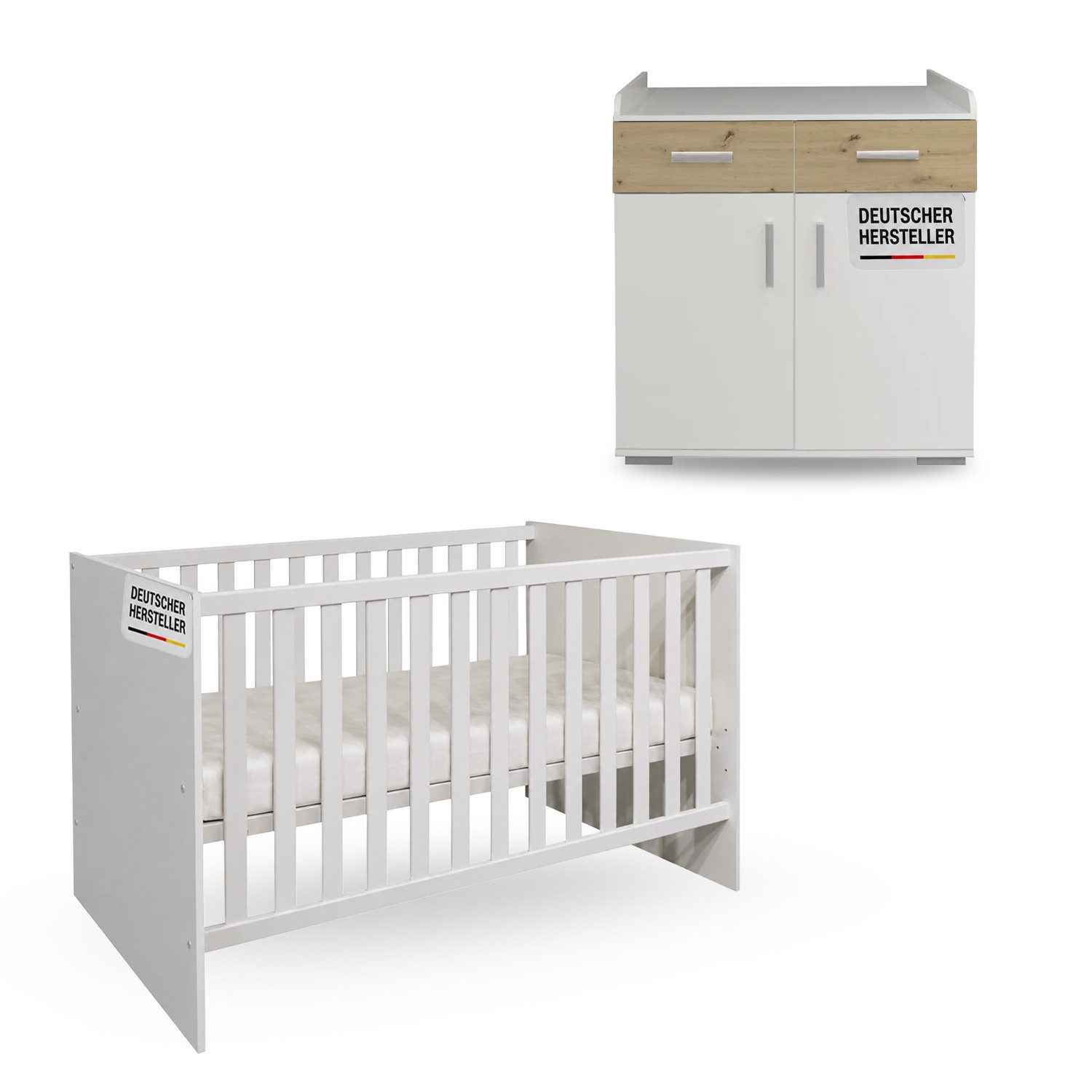 Storado Bettanlage Sienna 2-teilig 70×140cm, Kinderzimmer-Set, Farbe wählbar, Mitwachsendes Babybett, Wickelkommode und geräumiger Schrank