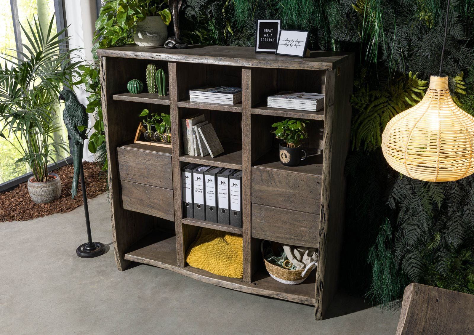 Massivmoebel24 Bücherregal PURE ACACIA, 1-tlg., Bücherregal Akazie grau lackiert PURE ACACIA #410