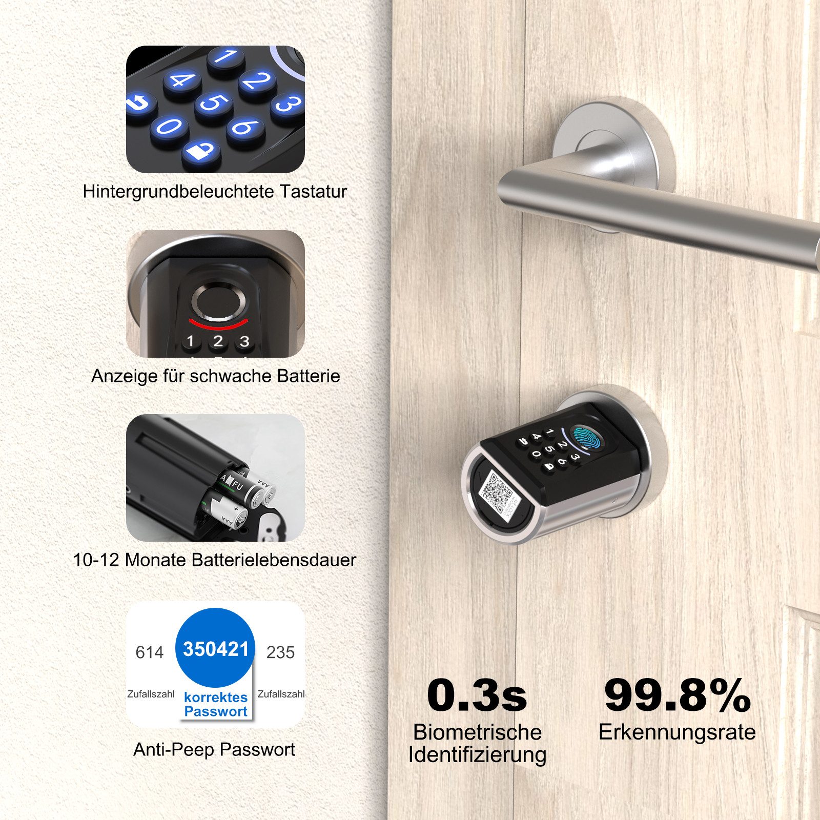 WE.LOCK Schließzylinder WELOCK Türschloss Fingerabdruck ToucA51 für 30-70 mm Türen, (Packung, Smartes türschloss x1, RFID-Karte x3, Anleitung x1, Zubehörbox x1), Fingerabdruck, Passwort, RFID-Karte, APP, Ersatz-USB, Fernentriegelung