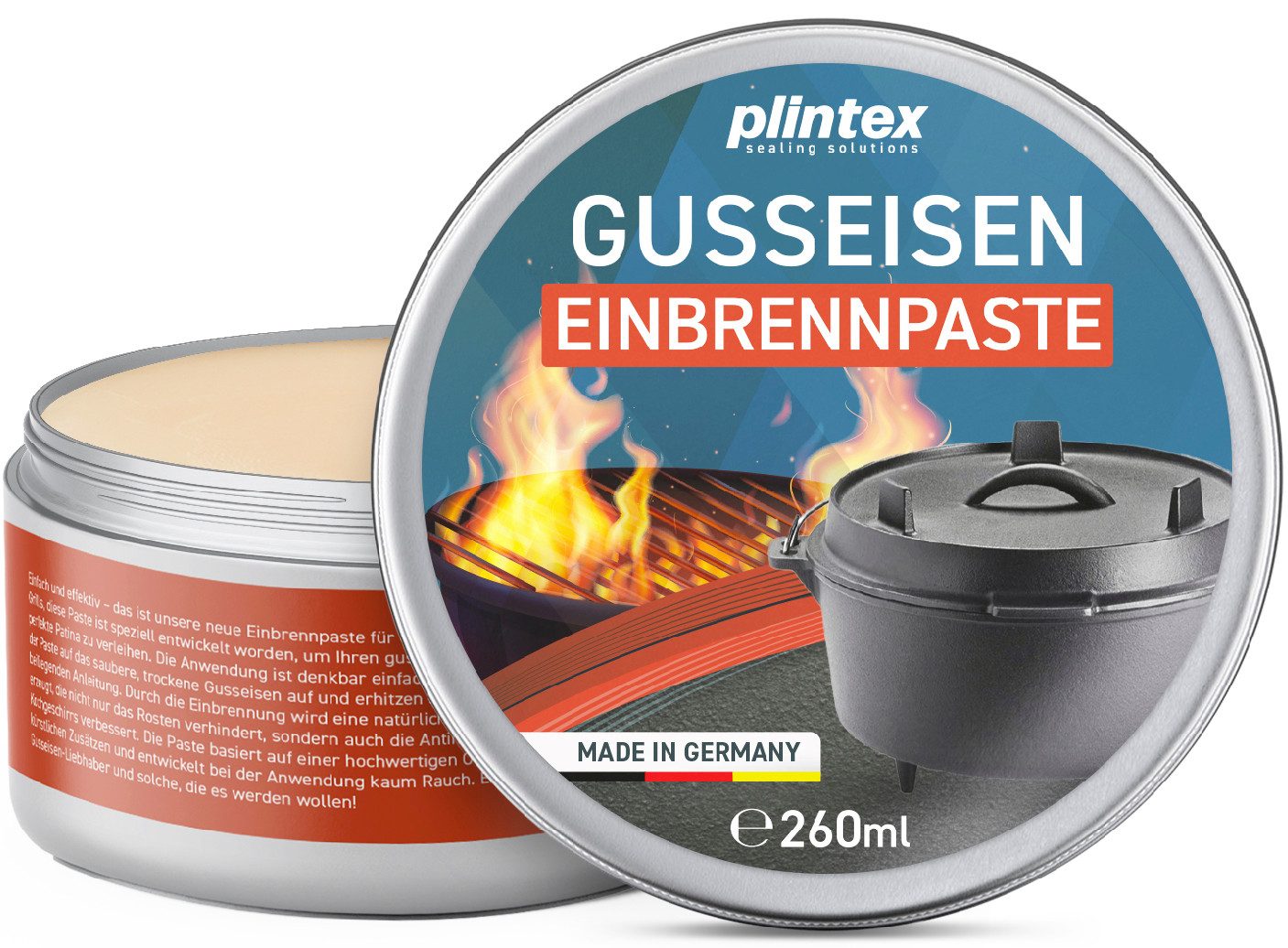 Plintex Einbrennpaste mit Traubenkern-Öl 260ml Pflegeset (Packung, [- für Dutch-Oven, Grillrost, Gusseisen Pflege, Zubehör - Grill Einbrenn-Paste, Pflegepaste für Patina gegen Anhaften & Rost)