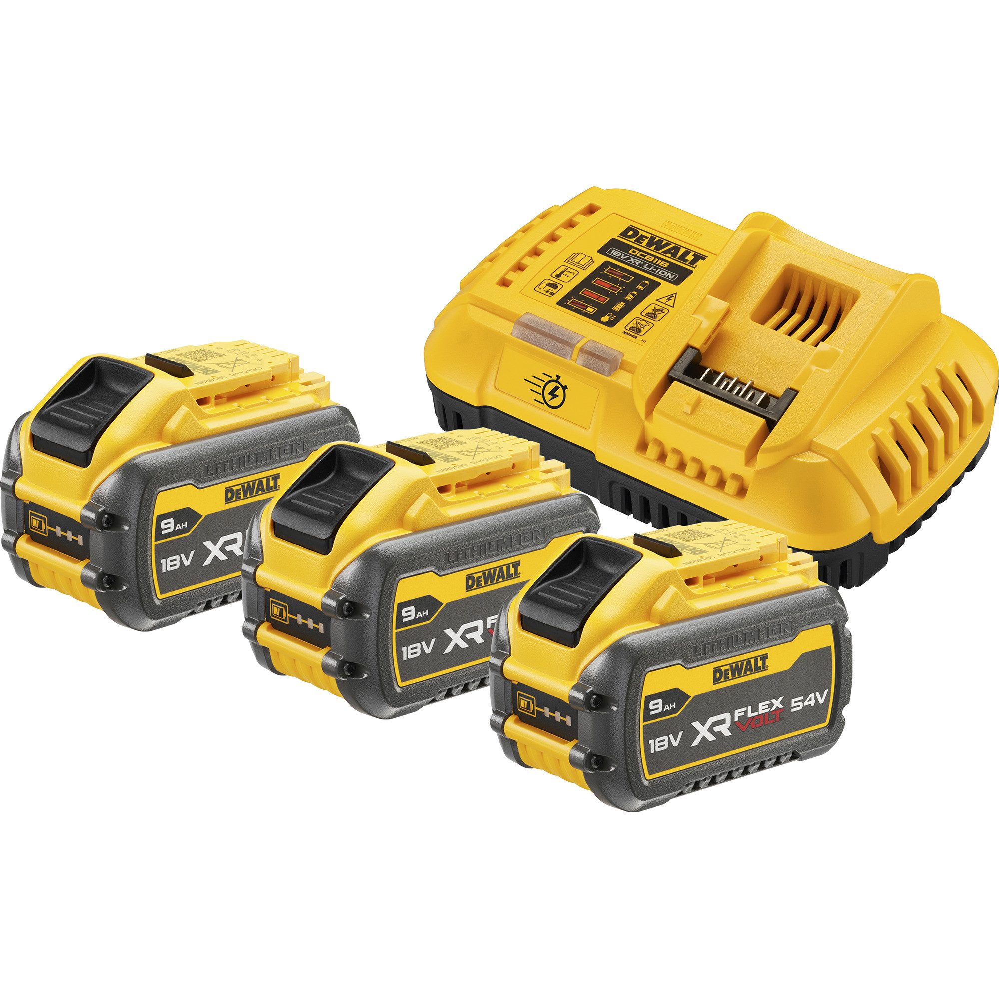 DeWalt DEWALT XR FLEXVOLT Akku Starterkit DCB118X3, inkl. Werkzeug-Akku-Ladetechnik (54Volt 3Ah oder 18Volt 9Ah, Schnellladegerät DCB118)
