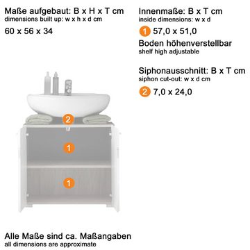 Lomadox Waschbeckenunterschrank ODRA-19 in Weiß Hochglanz mit Eiche San Remo hell Nb., B/H/T: ca. 60/56/34 cm
