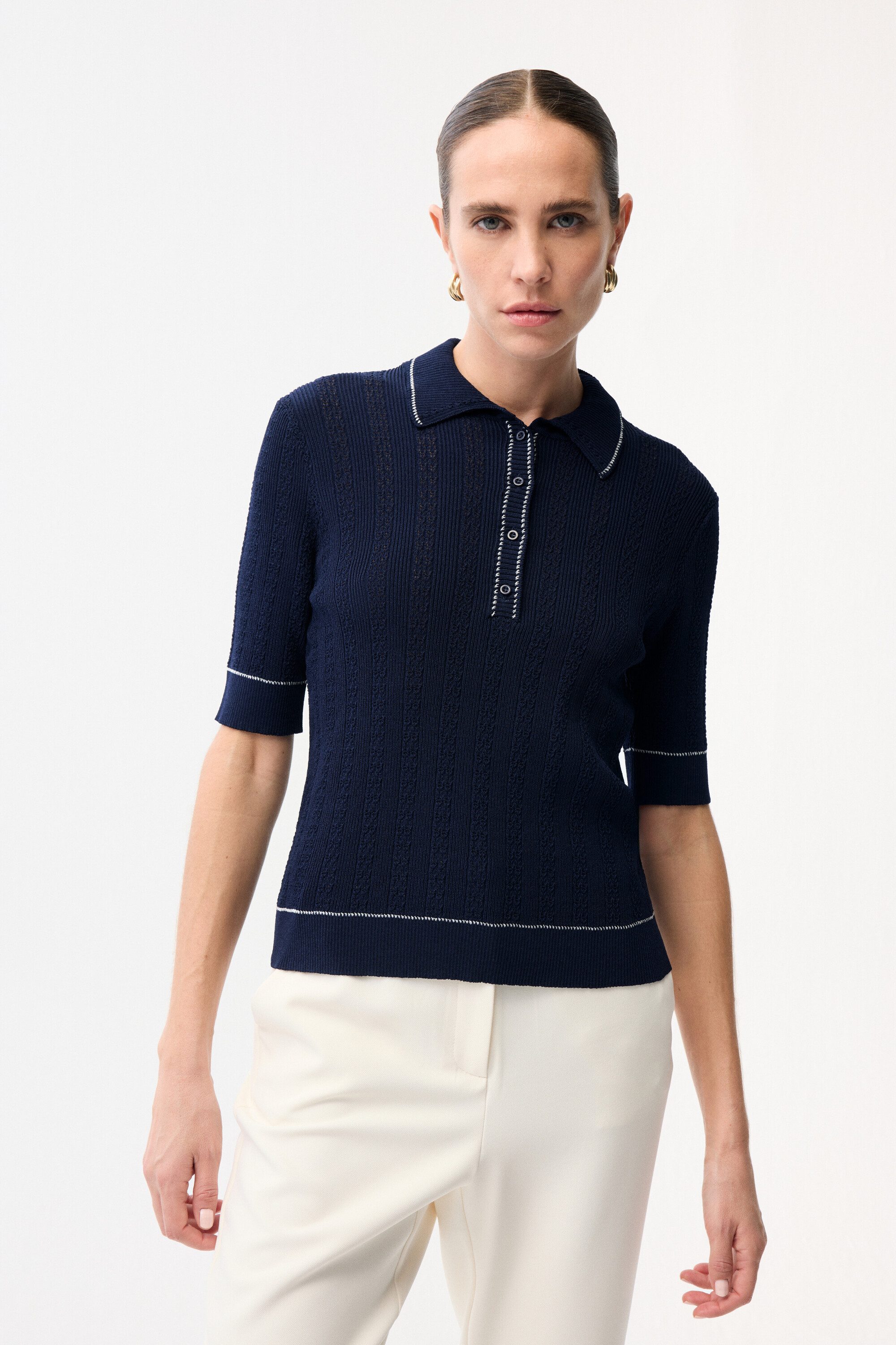 adL Blusentop Strickbluse mit Hemdkragen