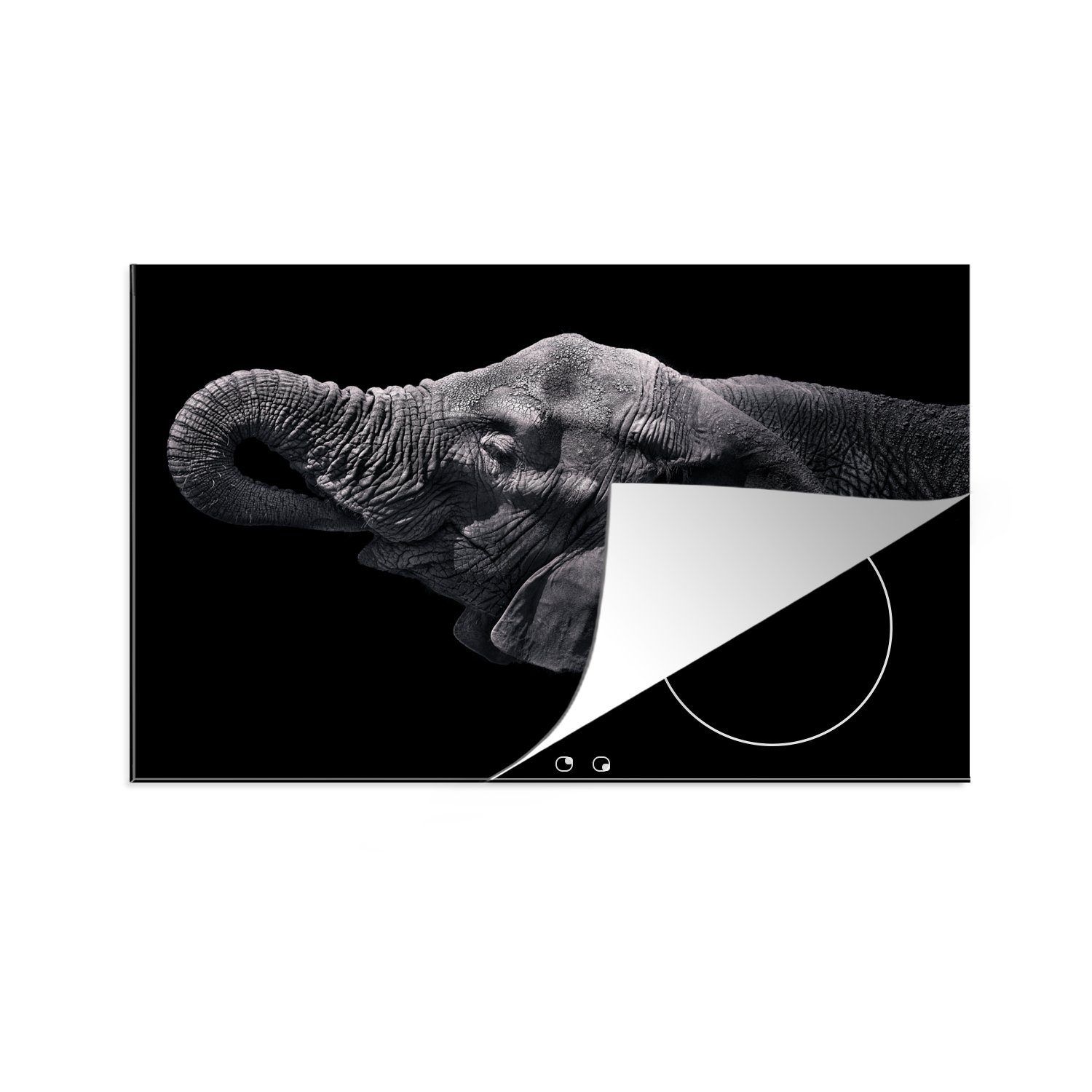 MuchoWow Herdblende-/Abdeckplatte Elefant - Tiere - Schwarz - Natur, Vinyl, (1 tlg), 81x52 cm, Induktionskochfeld Schutz für die küche, Ceranfeldabdeckung