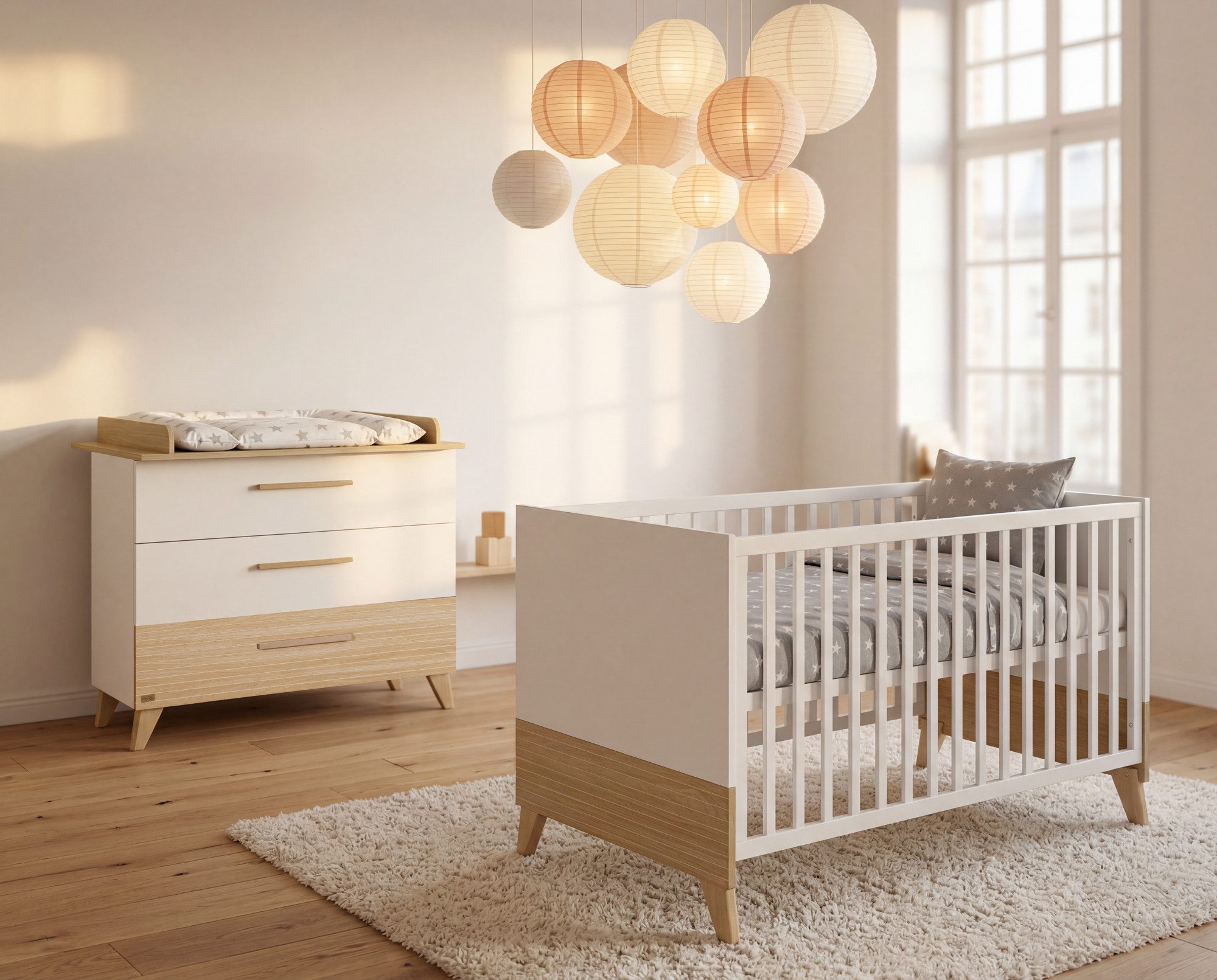 roba® Wickelkommode Theo - Wickelkommode aus Holz in modernem Design, Wickelhöhe 90,5 cm - Schubladen mit Vollauszug - Weiß / Ulme