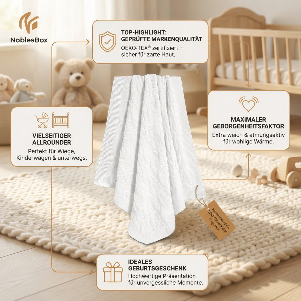 Babydecke NoblesBox Baby Kuscheldecke - OEKO-TEX - Weich für Wiege & Kinderwagen, NoblesBox, Strickdecken in verschiedenen Farben, 100cm x 80cm