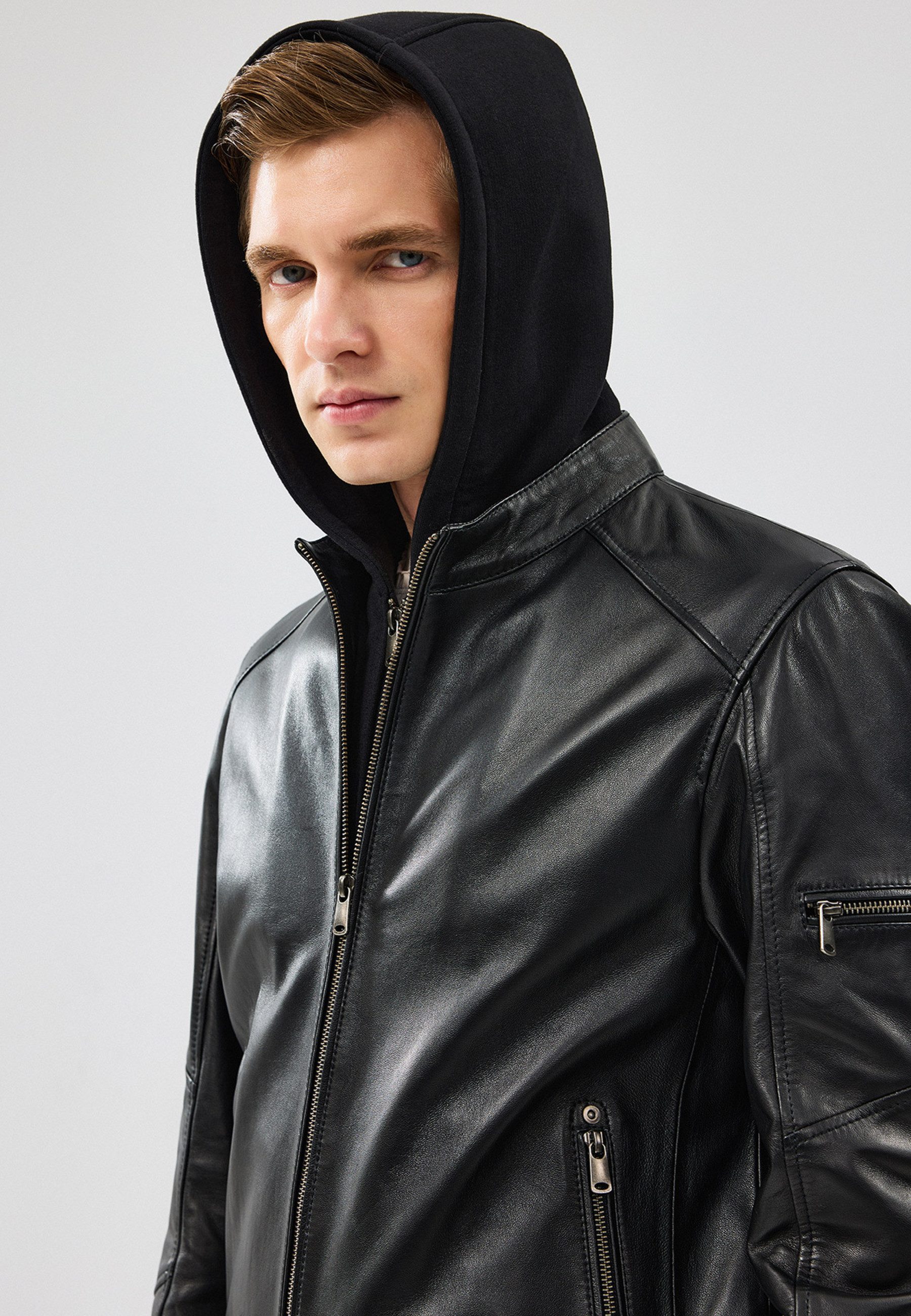 Derimod Lederjacke Niko Lederjacke mit Kapuze Regular Fit, Reißverschluss, Mit Kapuze, Kurz, Textilfutter