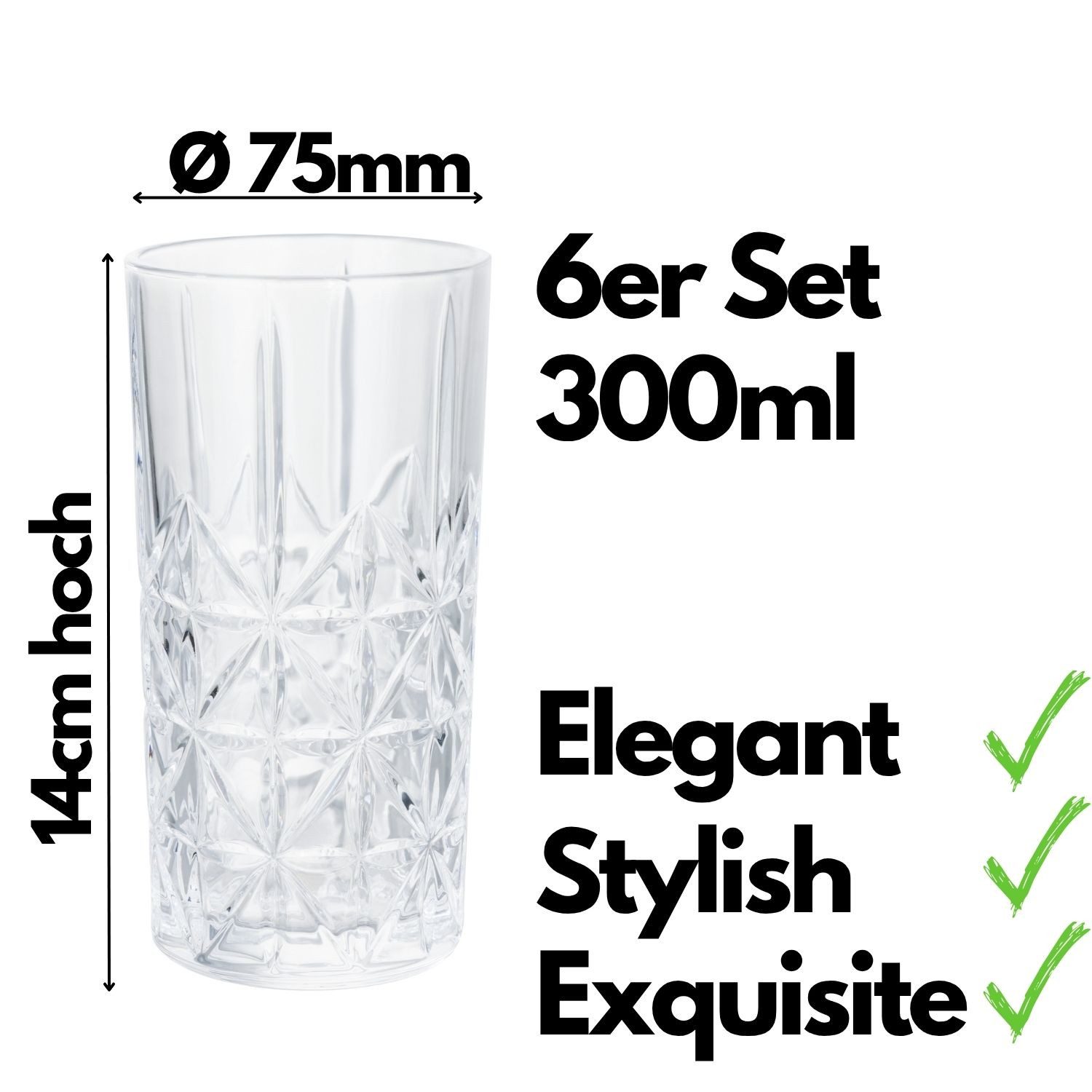 Flaschen-Fuchs Glas Gläser Set 6 teilig 300ml Trinkgläser Wassergläser Longdrink Kristall, 6-tlg., Glas