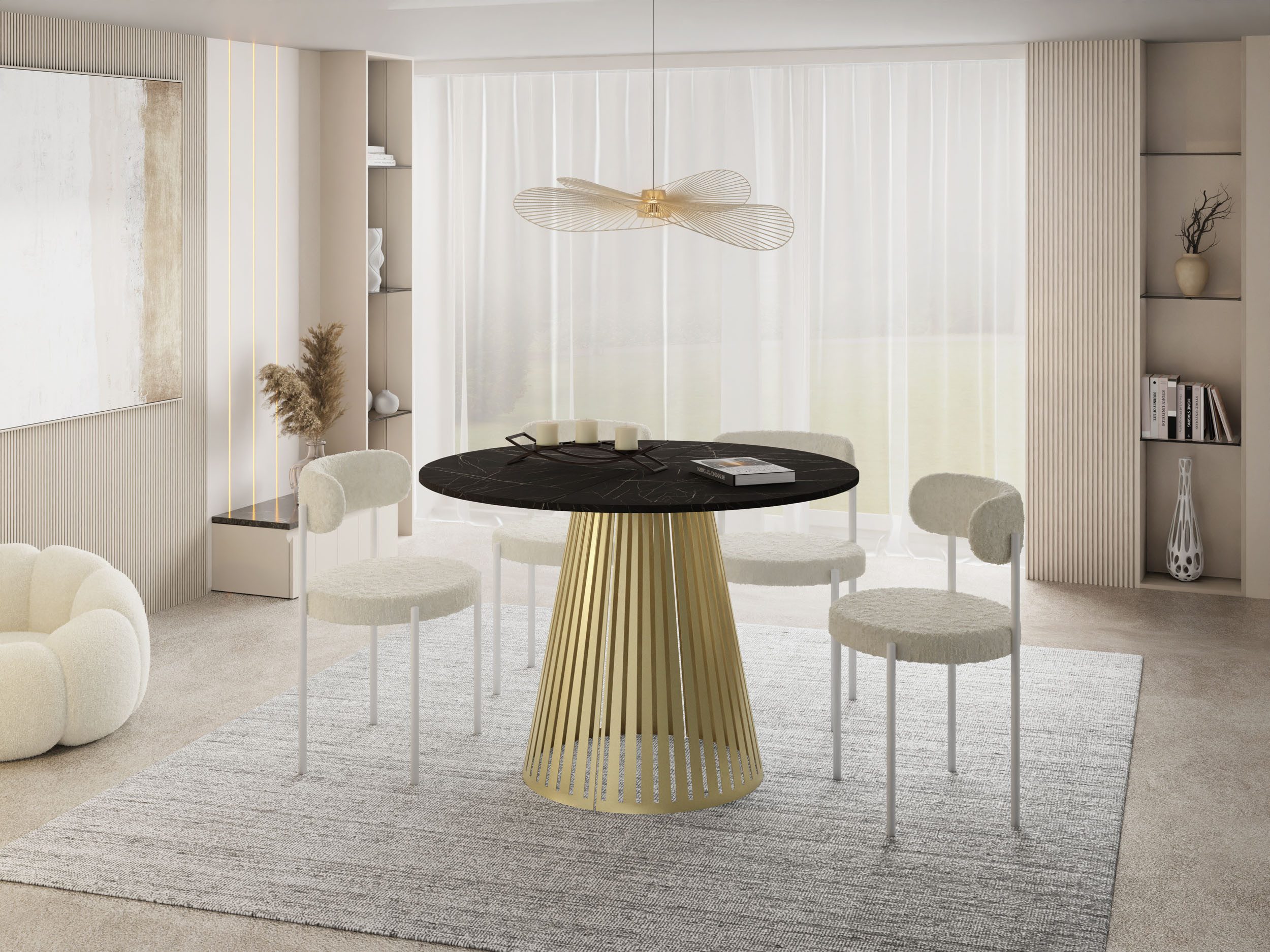 WFL GROUP Esstisch Naro Gold ausziehbar rund modern mit goldenen Metallbeinen (MADE IN EU, erhältlich in 2 Größen – 100/120 cm, ausziehbar auf 180/200 cm), platzsparender Tisch für kleine Küche, Esszimmer oder Wohnzimmer