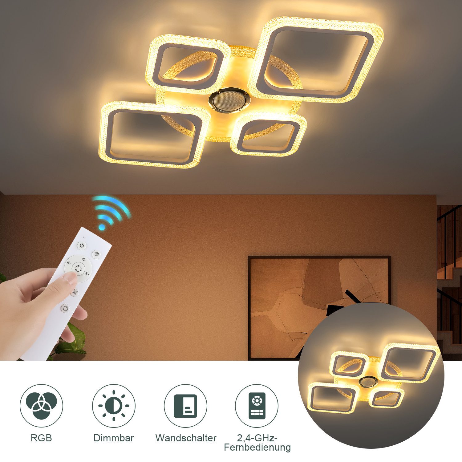oyajia LED Deckenleuchte 50W Deckenlampe RGB Farbspiel, Dimmbar mit Fernbedienung, RGB-Hintergrundbeleuchtung, LED fest integriert, RGB, moderne deckenleuchten, – Bild 4 von 5
