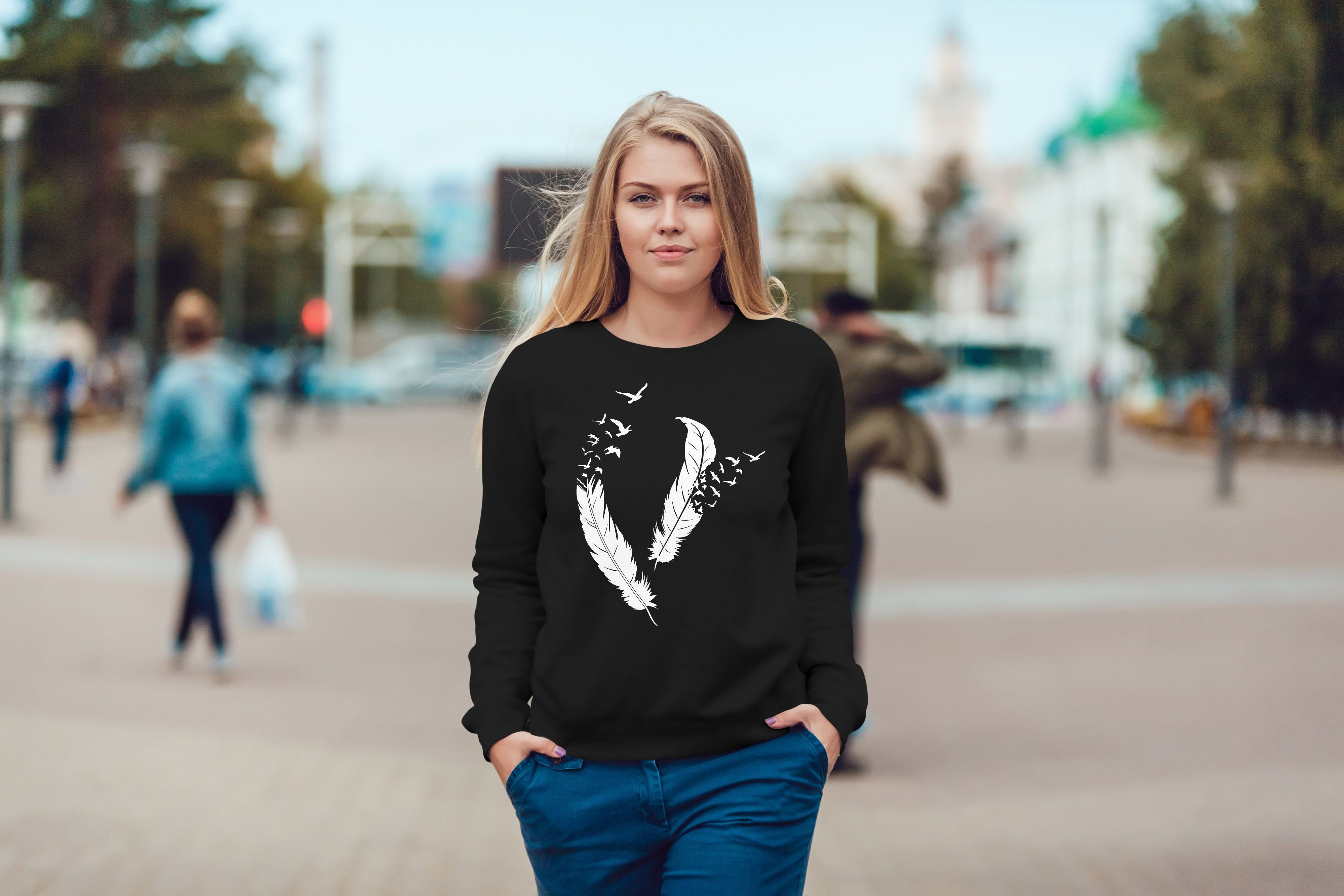 Sweatshirt Neverless® Sweatshirt Damen Vögel Neverless Sweater Print Pulli Rundhals-Pullover schwarz Feder