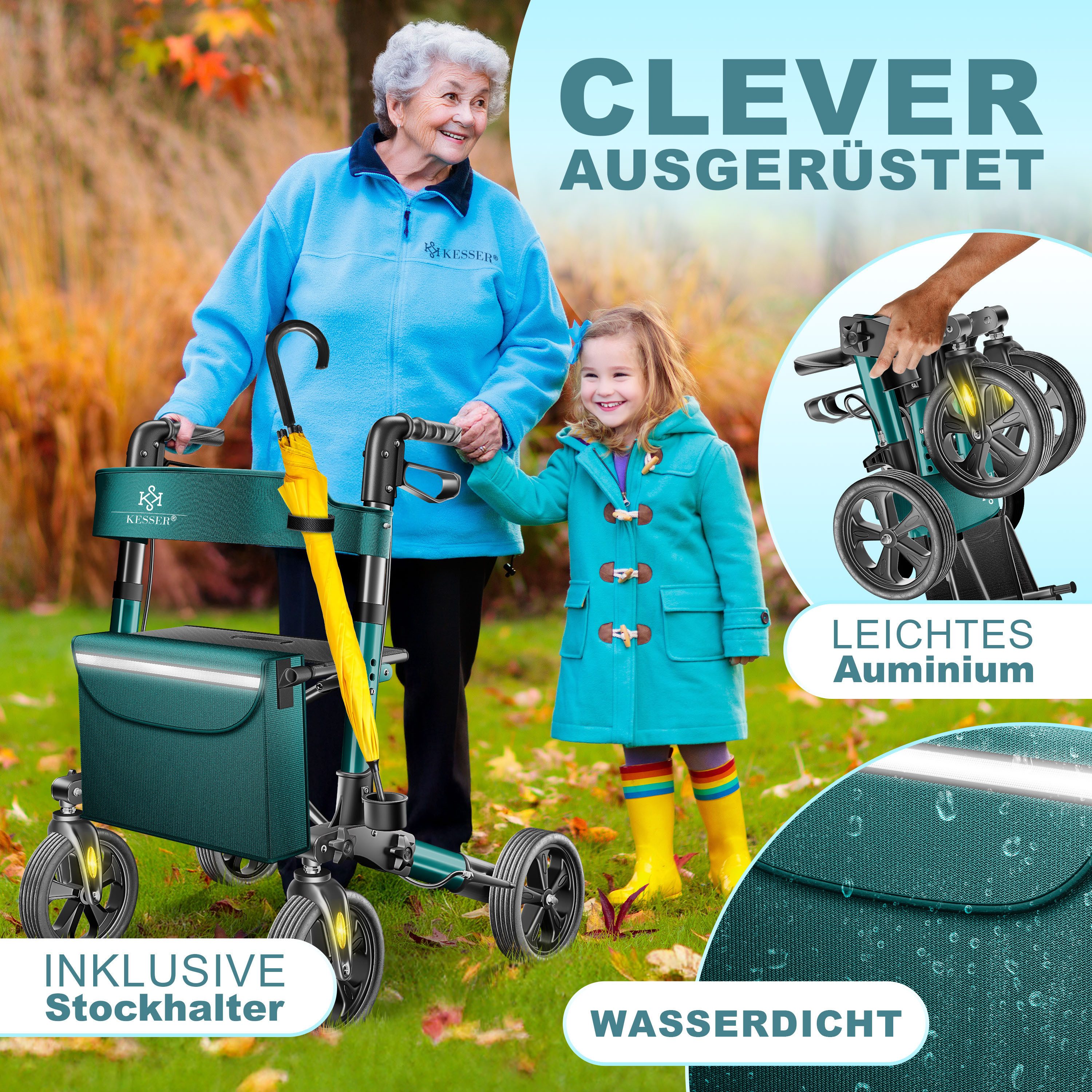 KESSER Rollator Aluminium – faltbar, höhenverstellbar & bis 136 kg belastbar, wetterbeständig, Tasche, Stockhalter, Reflektoren, 360° Gelände Reifen