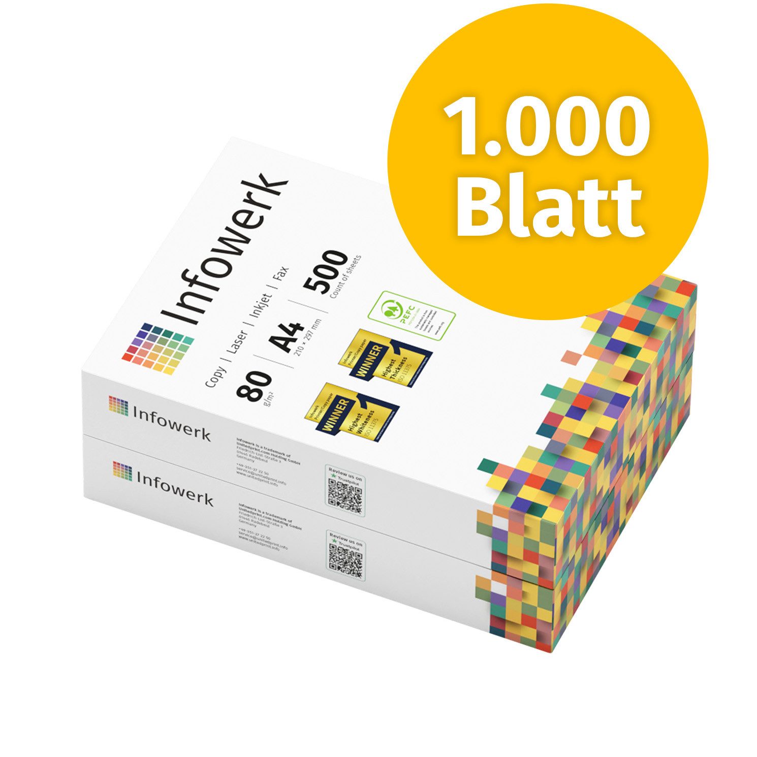 Infowerk Druckerpapier Kopierpapier 1000 Blatt A4 80g Premium Weiß Testsieger PEFC, PEFC-Zertifikat (GFA-PEFC-COC-500582)