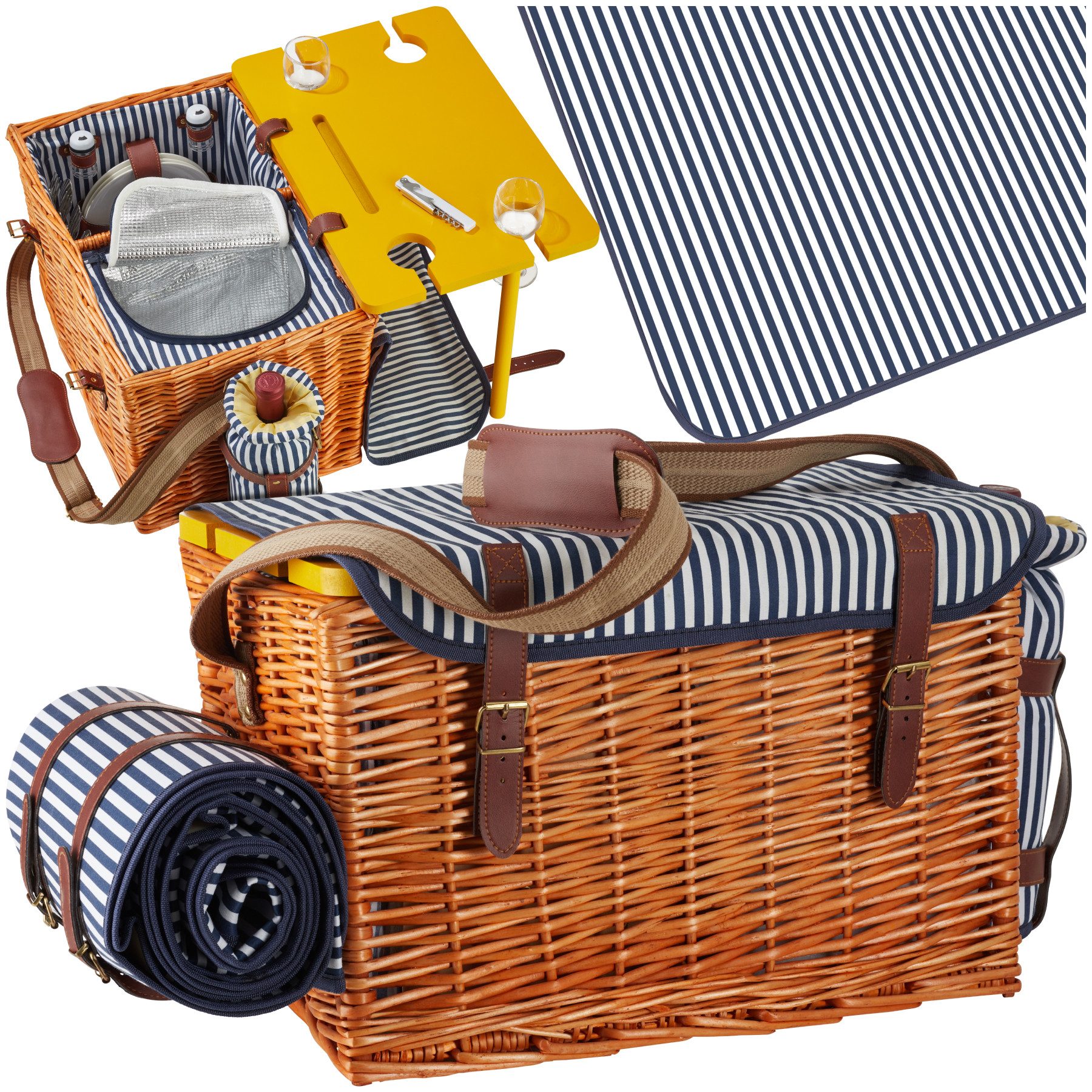 tectake Picknickkorb Ausflugstasche Rügen für 4 Personen, mit Kühlfach & Zubehör (Komplettset, 20-teiliges Geschirrset, Kellnermesser, Gewürzstreuer, Weinkühler), geflochtene Weide, 2 Schnallenverschlüsse und verstellbarer Tragegurt