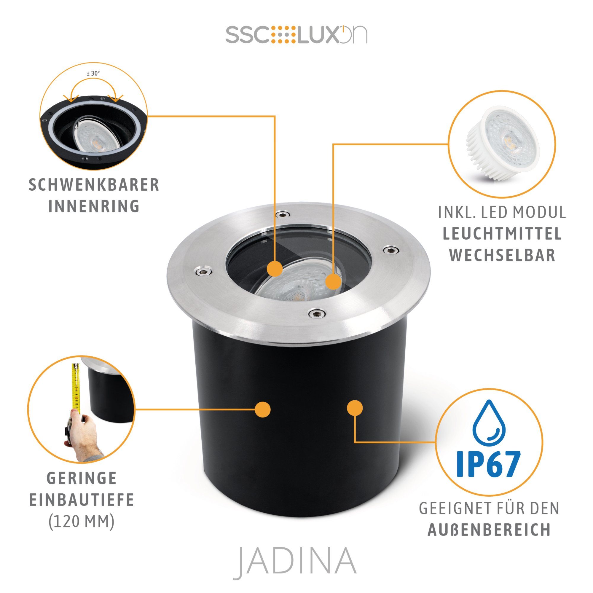 SSC-LUXon LED IP67, Neutralweiß & Bodeneinbauleuchte rund schwenkbar Gartenstrahler JADINA flach, LED