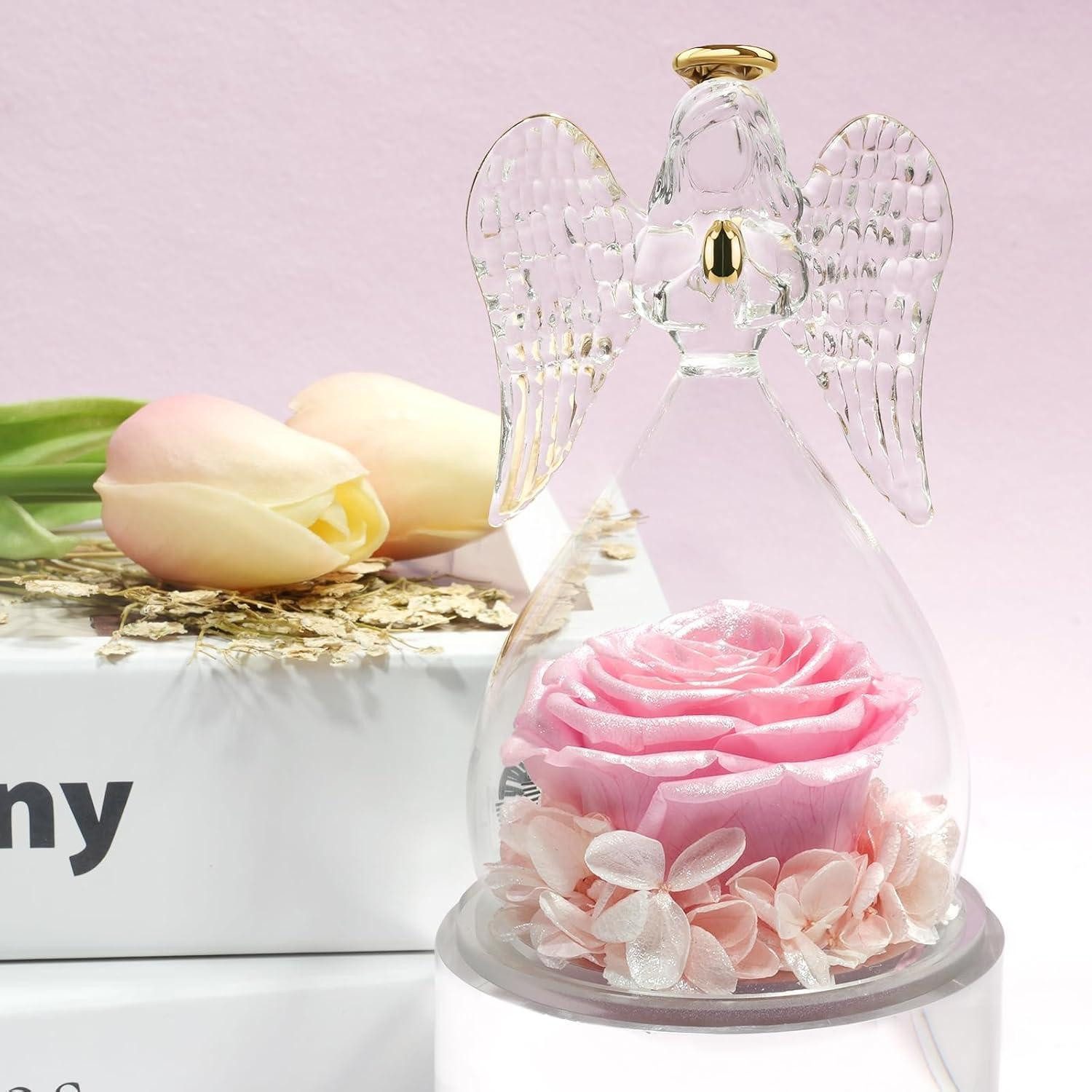 LuxusKollektion Engelfigur Figur Ewige Rose Engel Schutzengel Glaskuppel Glänzendes Pulver