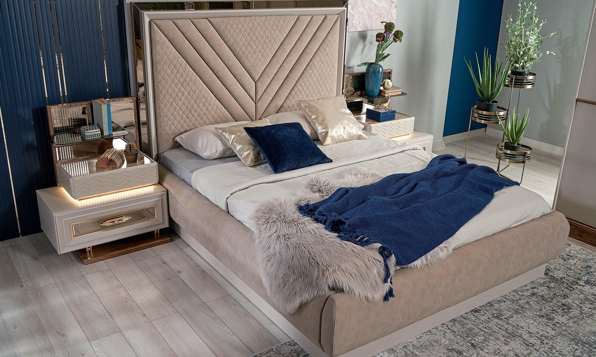 JVmoebel Schlafzimmer-Set Luxus Schlafzimmer Set Doppelbett Nachttische Beige Holz Set 3tlg, (3-St., Nur Bett + 2x Nachttische), Made in Europa