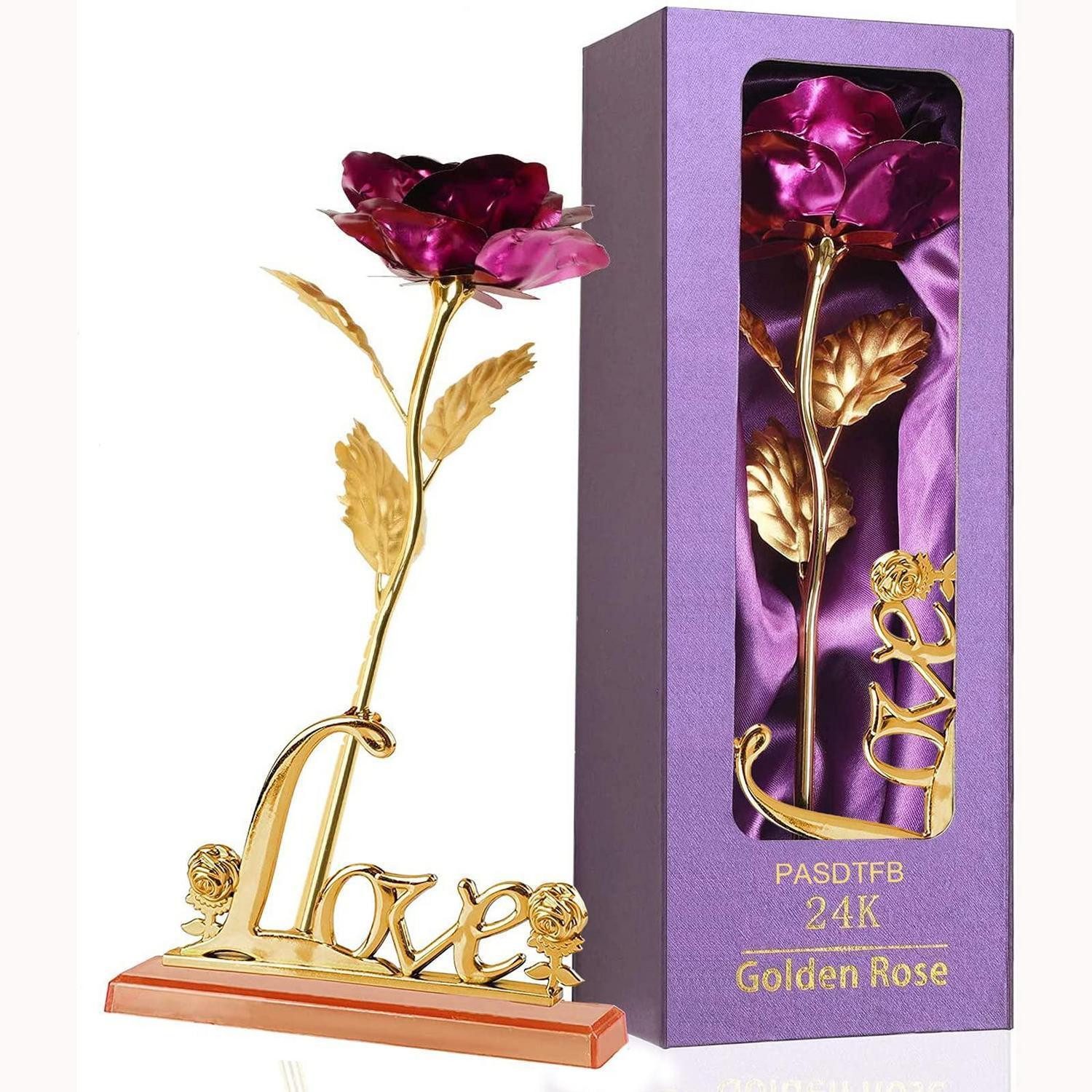 Kunstblume Goldene Rose Violett Geschenkbox vergoldet, LuxusKollektion, Höhe 8 cm
