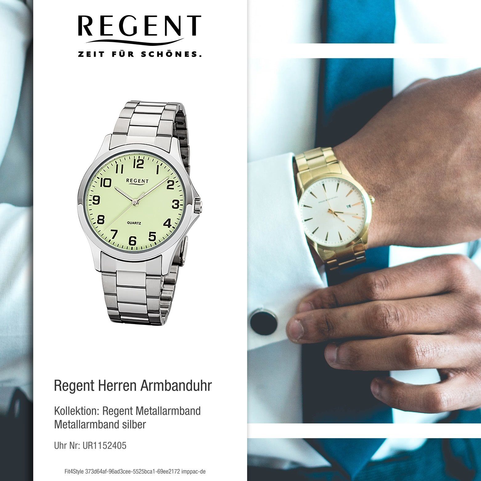 Regent Quarzuhr Regent Herren Quarz, 39mm), Armbanduhr Metallarmband Uhr (ca. 1152405 Herren Metall rund, mittel