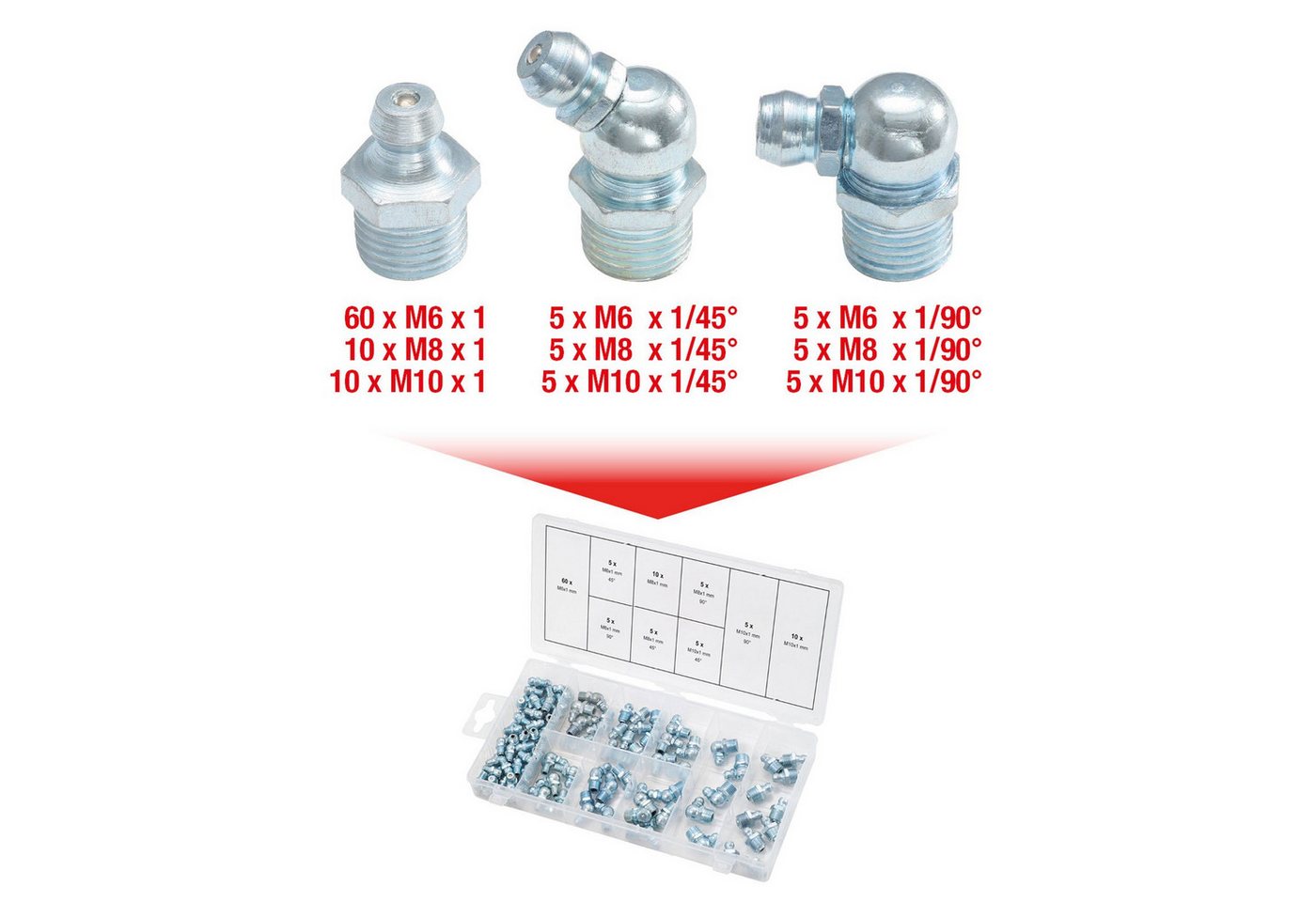 Thumbnail - KS Tools Montagewerkzeug KS TOOLS Sortiment Schmiernippel M 6 - 8 - 10 x 1 110tlg. - 970.0...