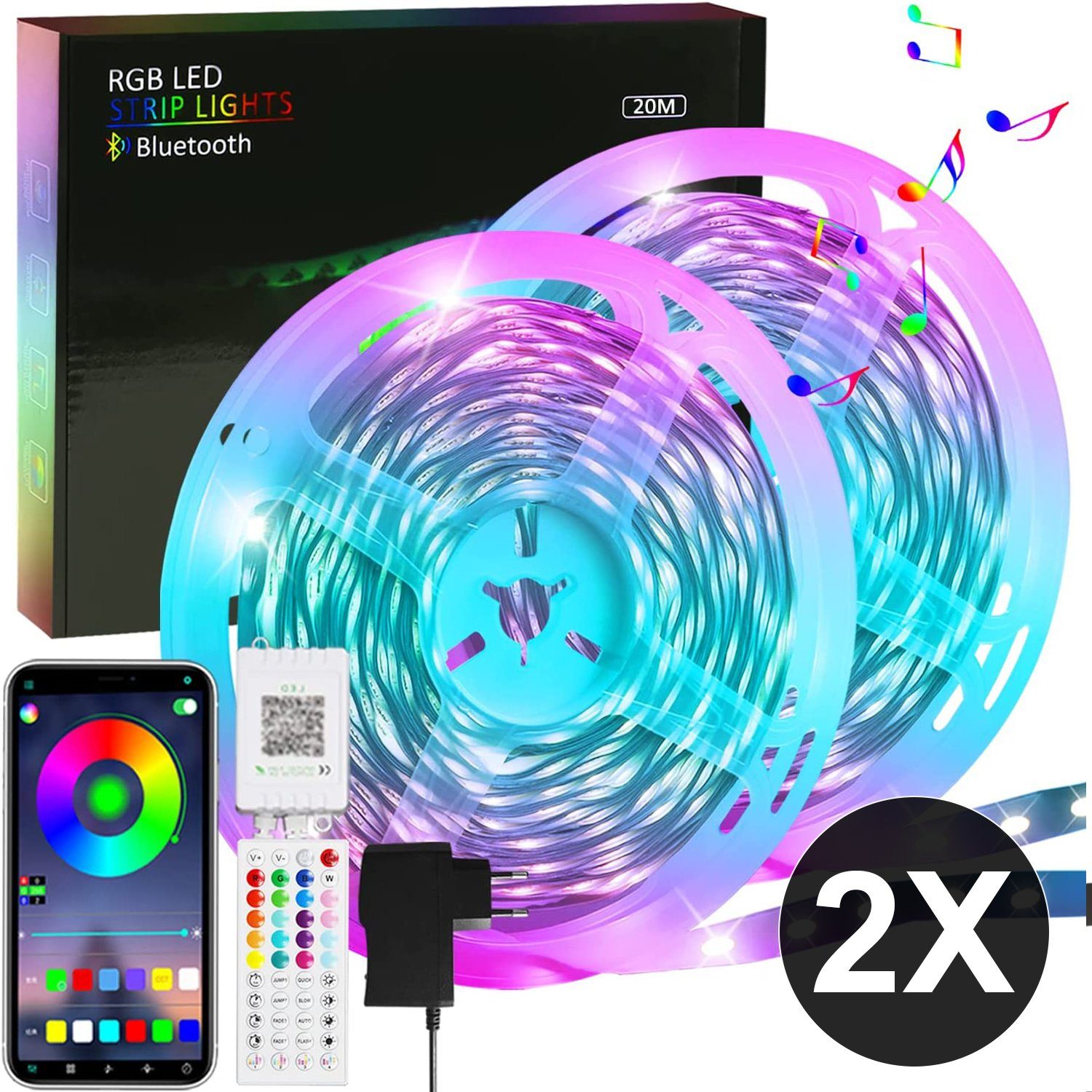 RGB 40M, ZMH 2x einstellbar LED-Streifen App mit Music Fernbedienung 2-flammig, Sync LED-Streifen,