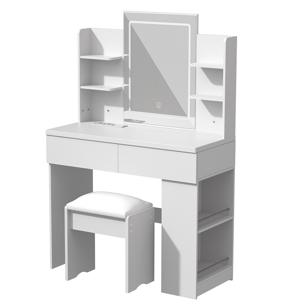 GLIESE Schminktisch mit Spiegel, Hocker, LED 3-Farben Touch-Dimmbares Licht (1-St., Frisierkommode, Schminkhocker), 2 Steckdosen + 2 USB, Fönhalter, für Schlafzimmer