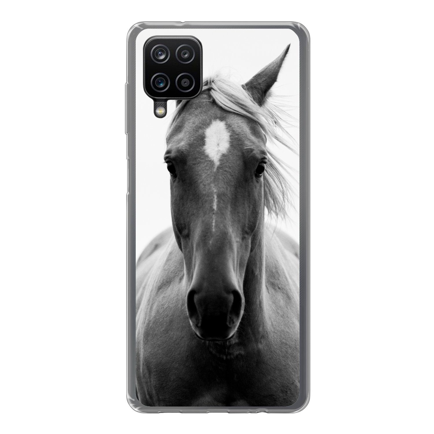 Handyhülle für Samsung Galaxy A12 Pferd - Schwarz - Weiß - Porträt