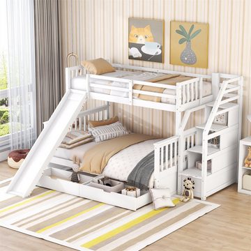 autolock Hochbett Kinderbett,90 x 200 über 140 x 200 Etagenbett mit Schubladen Stauraum und Rutsche, multifunktional