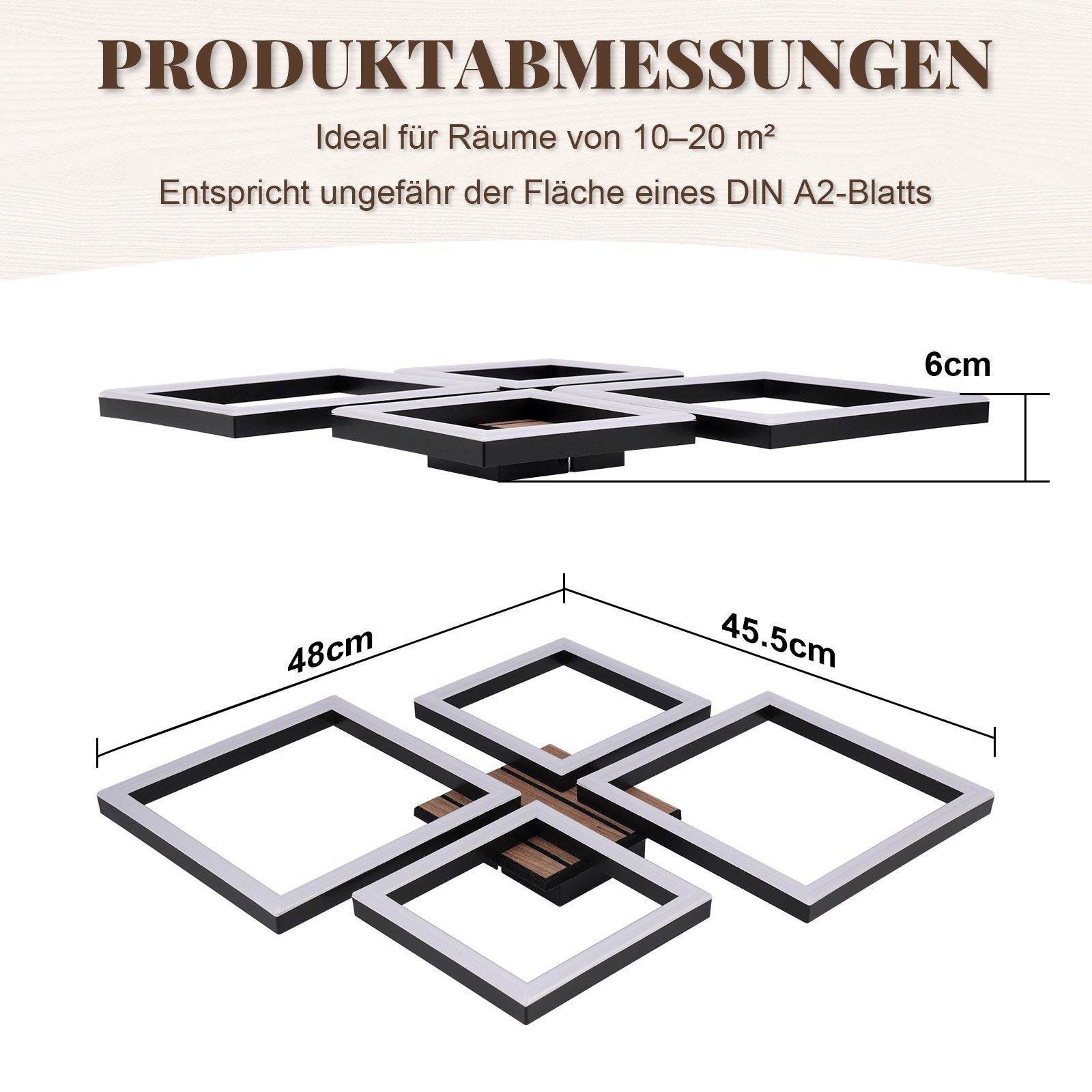 Nettlife LED Deckenleuchte Retro schwarz 14/21W eckig 3000K Warmweiß Design lampe Holz, LED fest integriert, für Küche Schlafzimmer Flur Wohnzimmer Bürolampe Zuhause