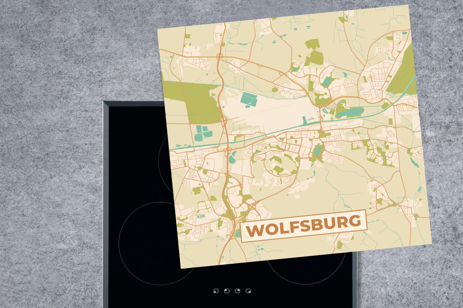 für tlg), 78x78 Ceranfeldabdeckung, Stadtplan küche Herdblende-/Abdeckplatte Wolfsburg cm, - Arbeitsplatte Karte - (1 Vinyl, MuchoWow Vintage, -