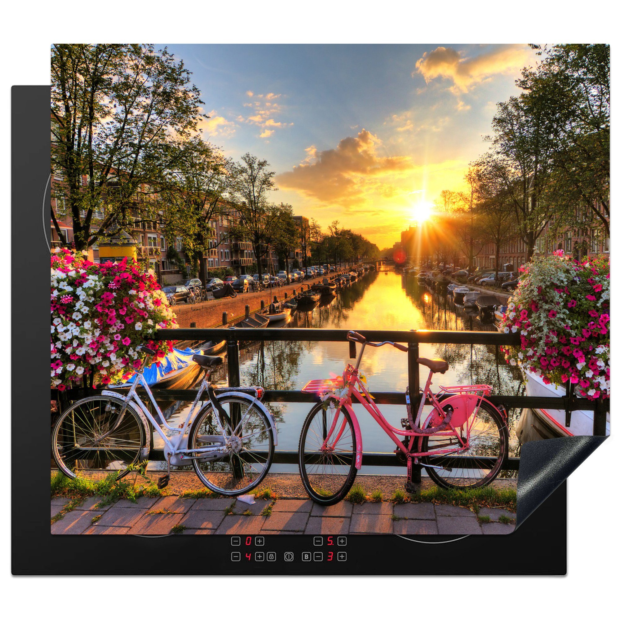 Sonnenuntergang Mobile cm, Arbeitsfläche - - Fahrrad, Amsterdam - Blumen Ceranfeldabdeckung MuchoWow Vinyl, Gracht Herdblende-/Abdeckplatte - tlg), 60x52 nutzbar, (1