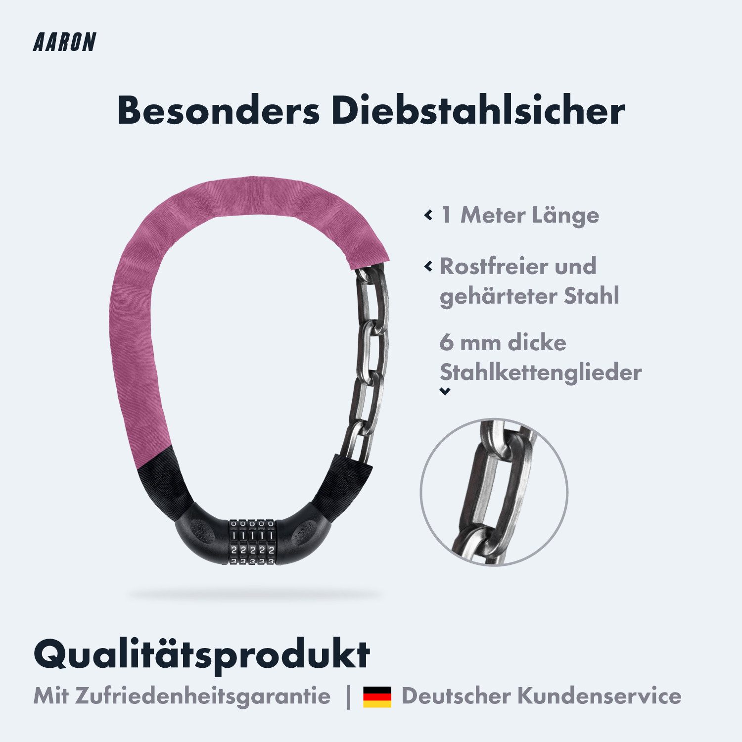 AARON Kettenschloss Lock One Fahrradschloss mit Zahlencode 100 cm Stahl Stadtrad Tour