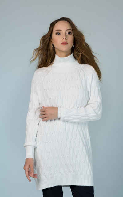 Passioni Strickkleid Weißer Oversize Pullover oder Strickkleid mit detailliertem Zopfmuster